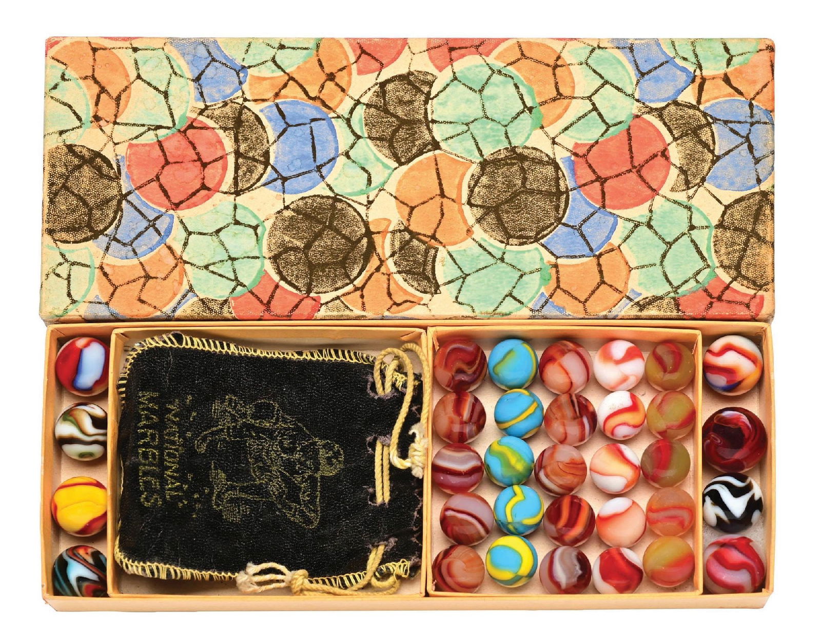RARE PELTIER 33-COUNT WITH BAG ART DECO BOX SET: 19/32" - 3/4" diam. Rare box with 33 two- and three-color National Line Rainbos. Marbles: (9.5 Average). Box: (Excellent). Condition: Dimensions: Box: 8 - 3/4" x 3 - 1/2" x 7/8".