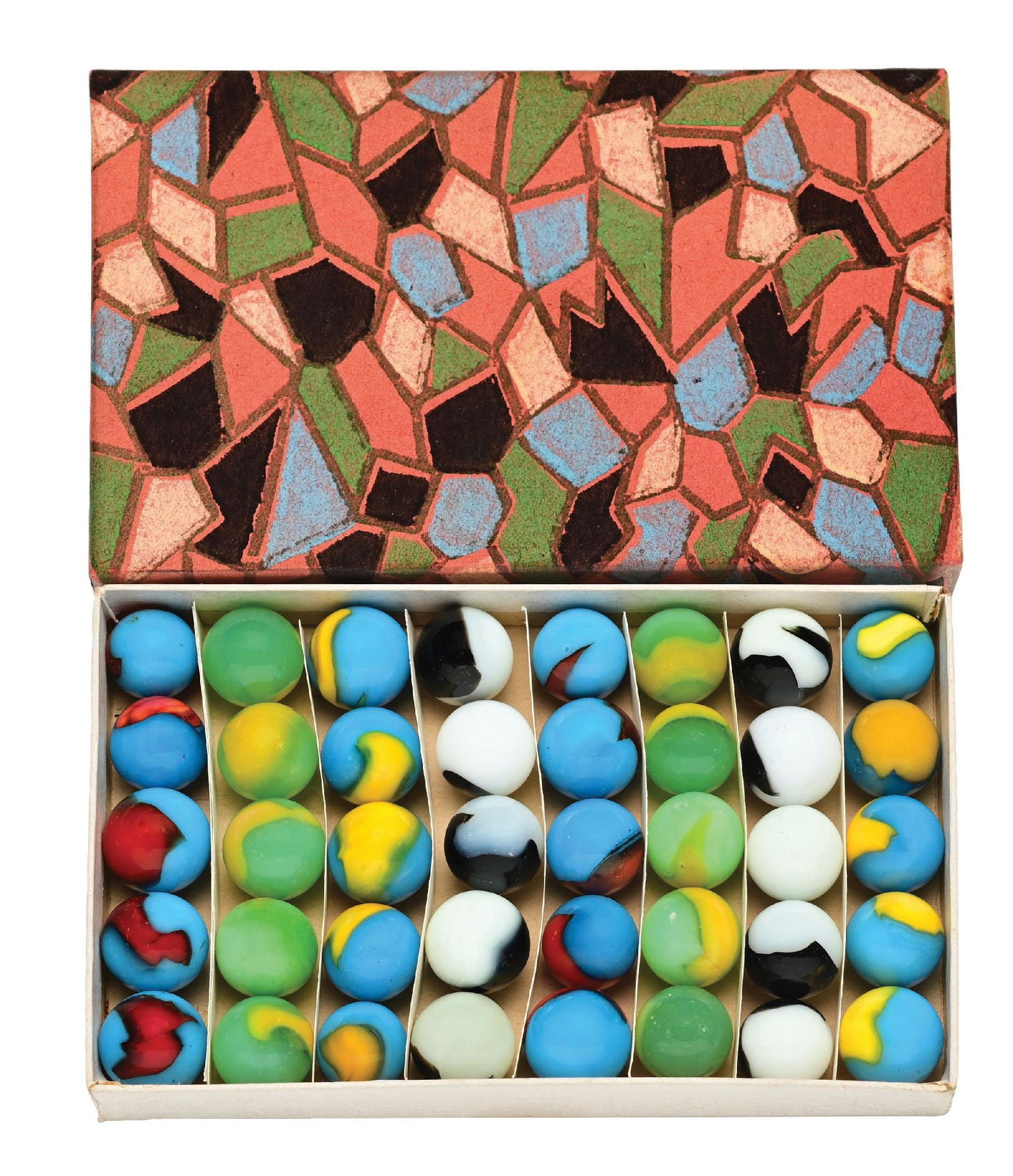 40-COUNT STAINED GLASS PELTIER BOX SET: 5/8" diam. Box contains all Peerless Patch marbles. Marbles: (9.5 Average). Box: (Pristine). Condition: Dimensions: Box: 5 - 1/4" x 3 - 1/4" x 3/4".