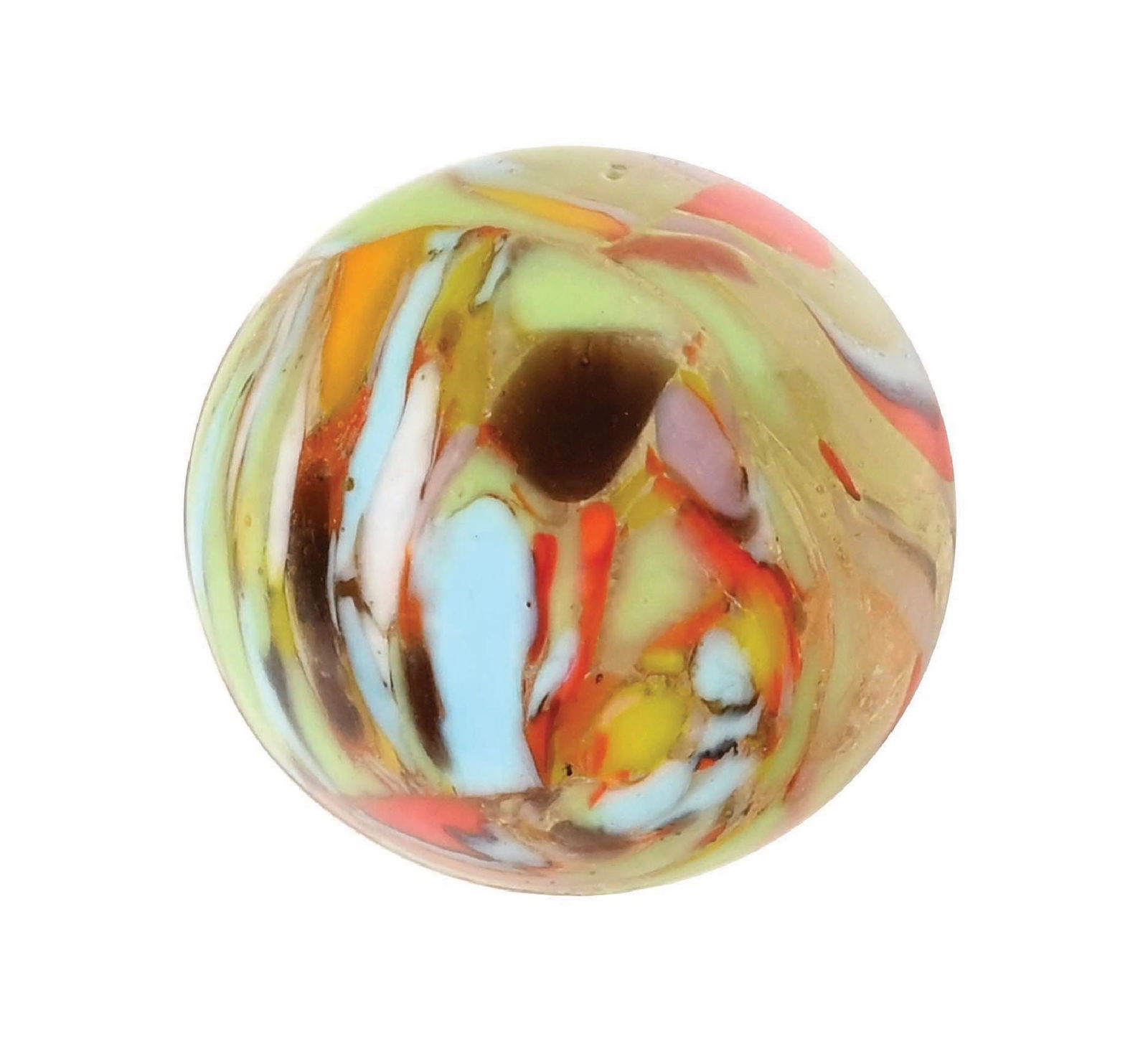CHRISTENSEN AGATE CLEAR BASE GUINEA MARBLE: 19/32" diam. Clear base two cut line guinea with great color coverage. Condition: (9.4). Dimensions: 1/2" Dia.