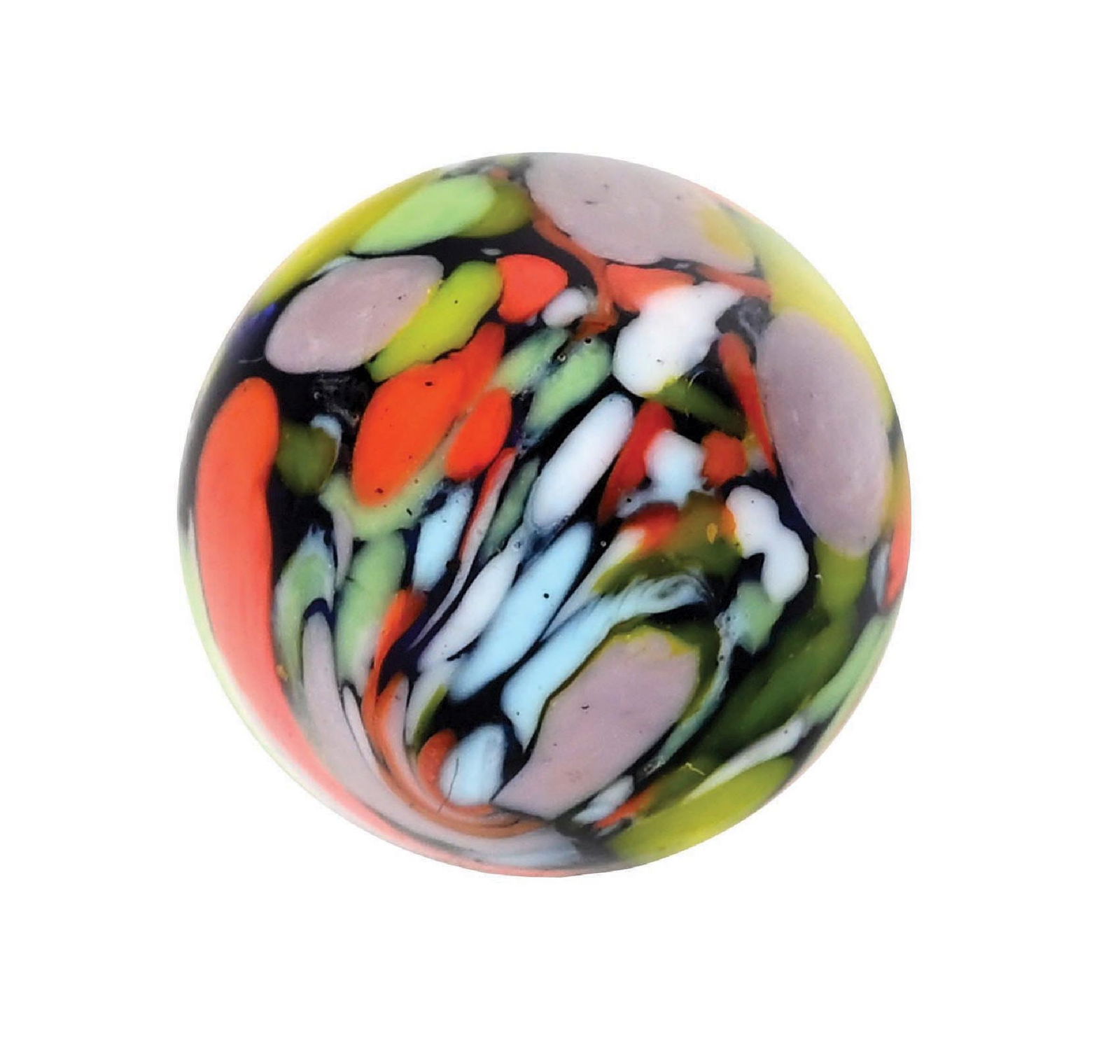 CHRISTENSEN AGATE COBALT GUINEA MARBLE: 35/64" diam. Cobalt base with single pinch line with great spotting of colors. Condition: (9.8). Dimensions: 1/2" Dia.