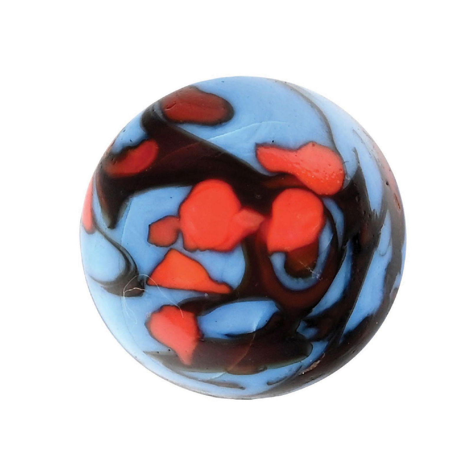 CHRISTENSEN AGATE STRIPED OPAQUE MARBLE: 9/16" diam. Blue base with nice striping and spotting colors of orange and black. Single pinch line. Condition: (9.8). Dimensions: 1/2" Dia.