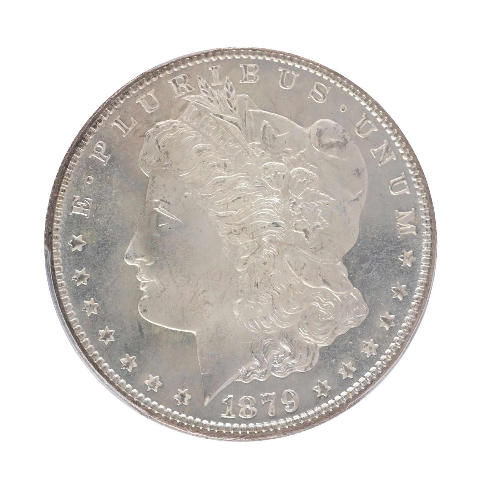1879-S $1 MS68 PCGS. CAC.: Stunning 1879 Morgan Silver Dollar certified MS68 by PCGS and further approved with a CAC sticker, confirming premium quality within the grade. This superb near-gem example displays exceptional luster