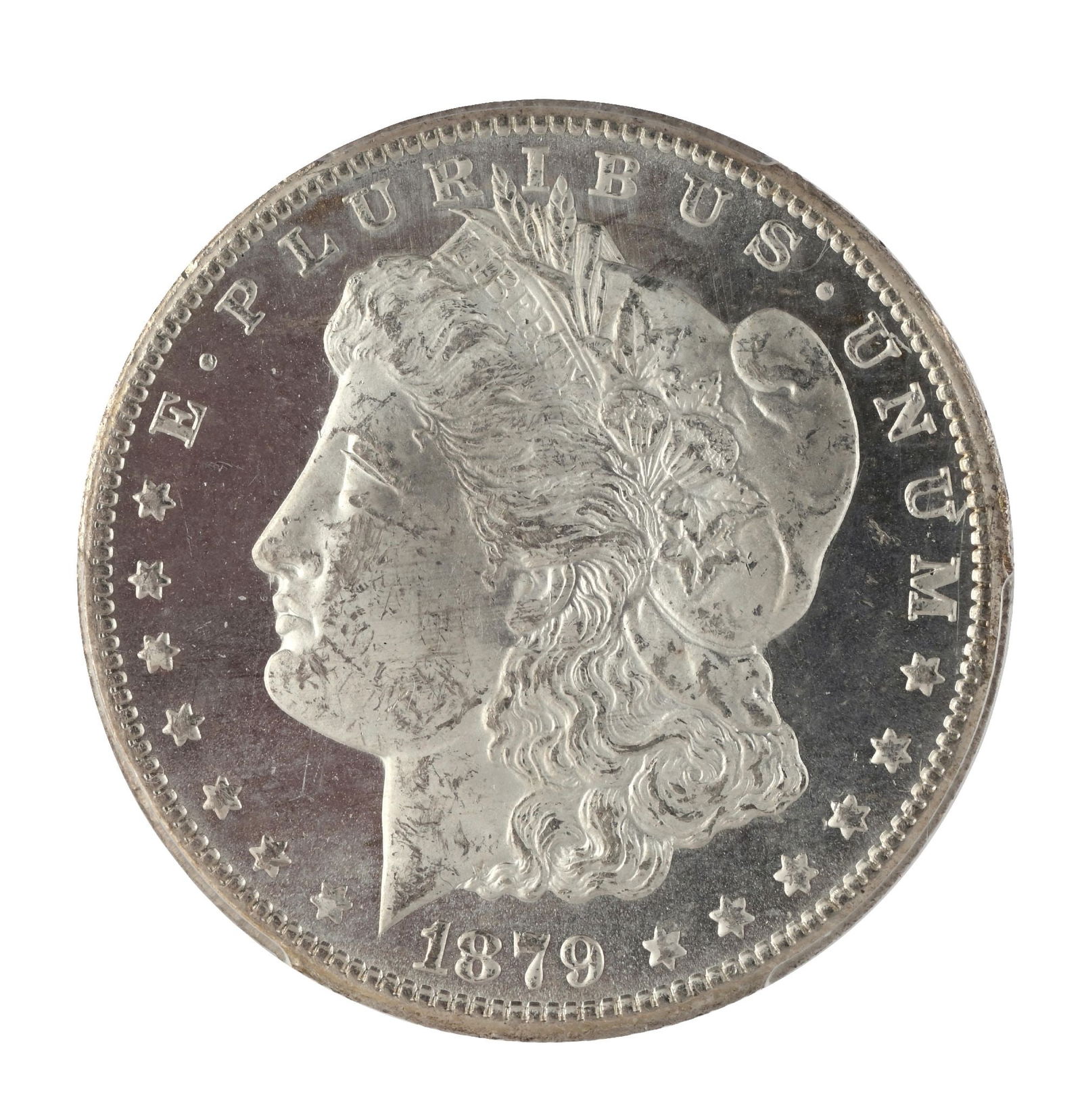 1879-CC $1 MS64+ PCGS. CAC.: Struck at the historic Carson City Mint, the 1879-CC Morgan dollar is one of the most important and sought-after issues in the entire Morgan dollar series. With a modest mintage of just 756,000 pieces