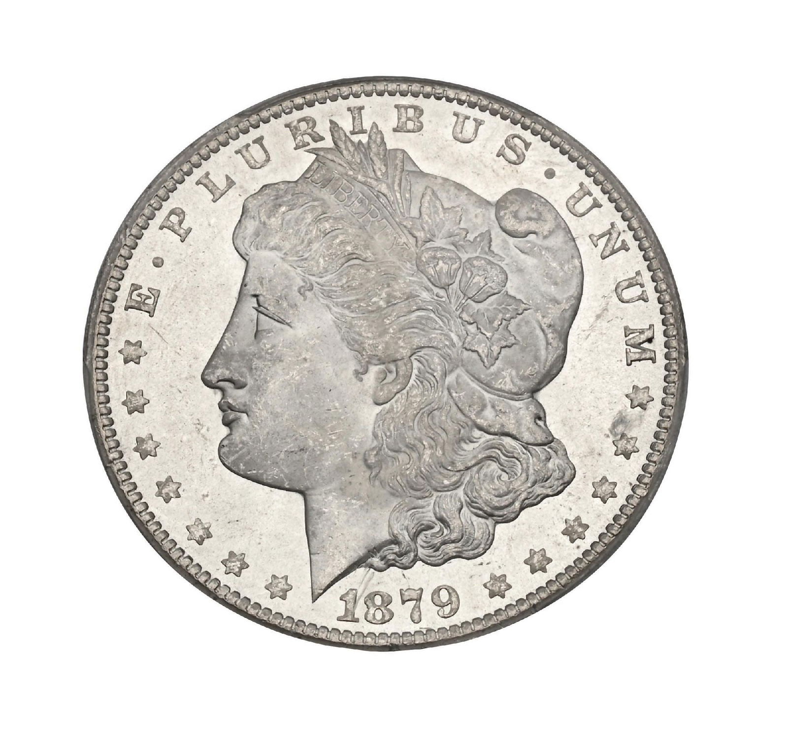 1879-CC $1 MS64+ PCGS. CAC.: This key-date Carson City Morgan Dollar stands out with exceptional eye appeal, showcasing vibrant luster and a strong, lively cartwheel that moves cleanly across the fields. The surfaces present with