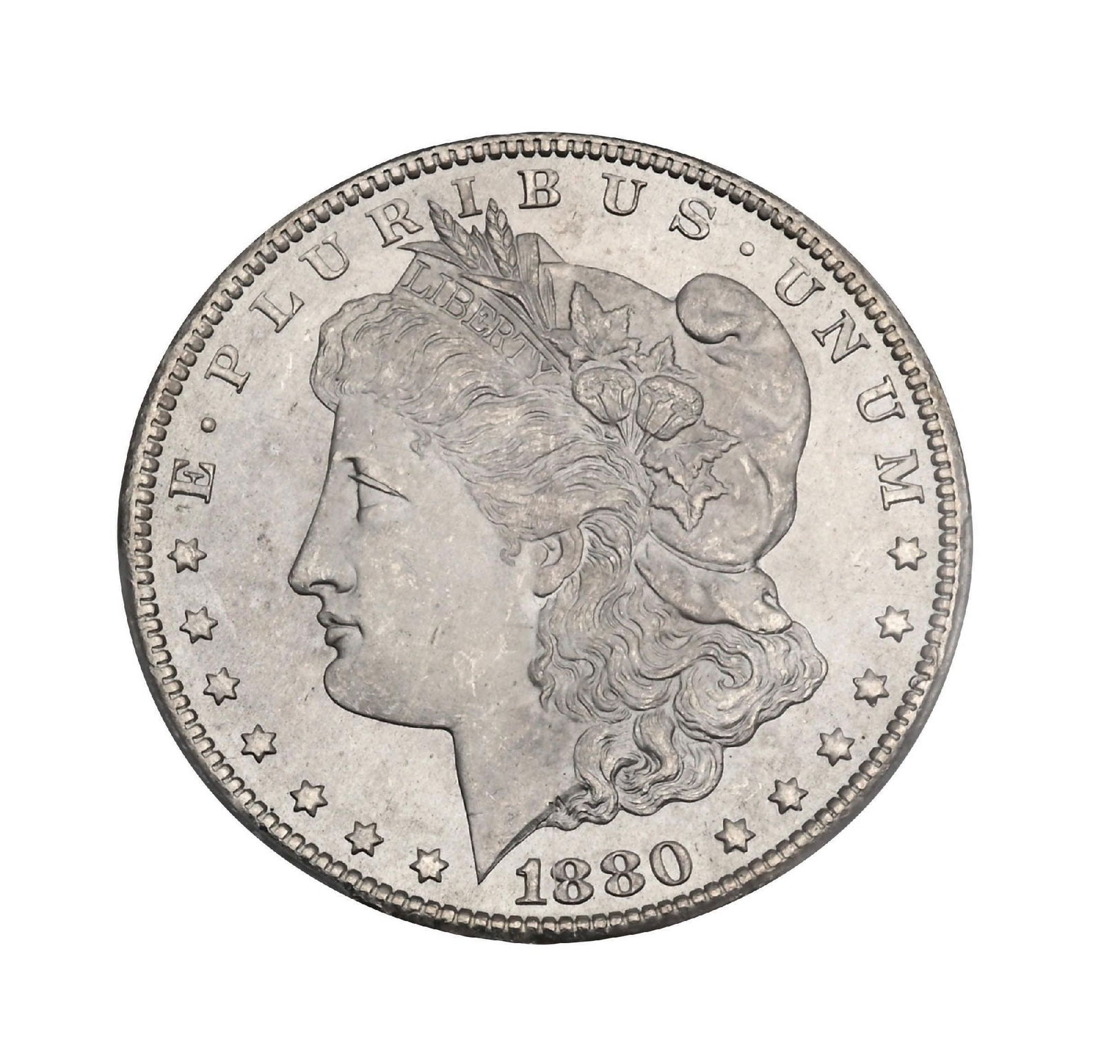 1880-CC $1 MS66+ PCGS: This beautiful white example shows minimal contact, fully consistent with its superb grade. The surfaces are bright and clean, offering that crisp, frosty look collectors prize. The reverse strike is