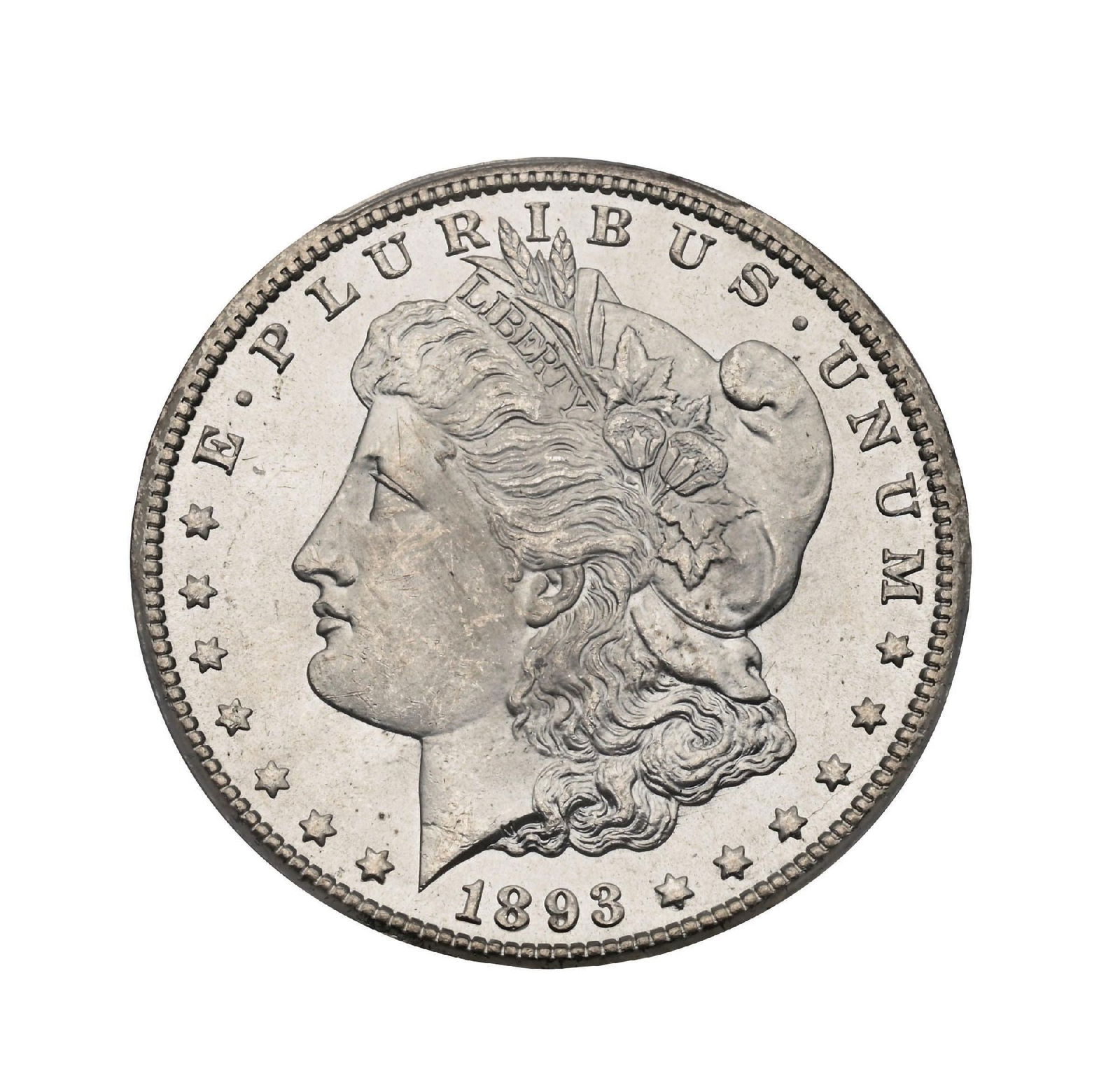 1893-CC $1 MS64 PCGS: The 1893-CC Morgan silver dollar is one of the most important issues in the entire Morgan dollar series, representing the final year of silver dollar production at the Carson City Mint. Struck during