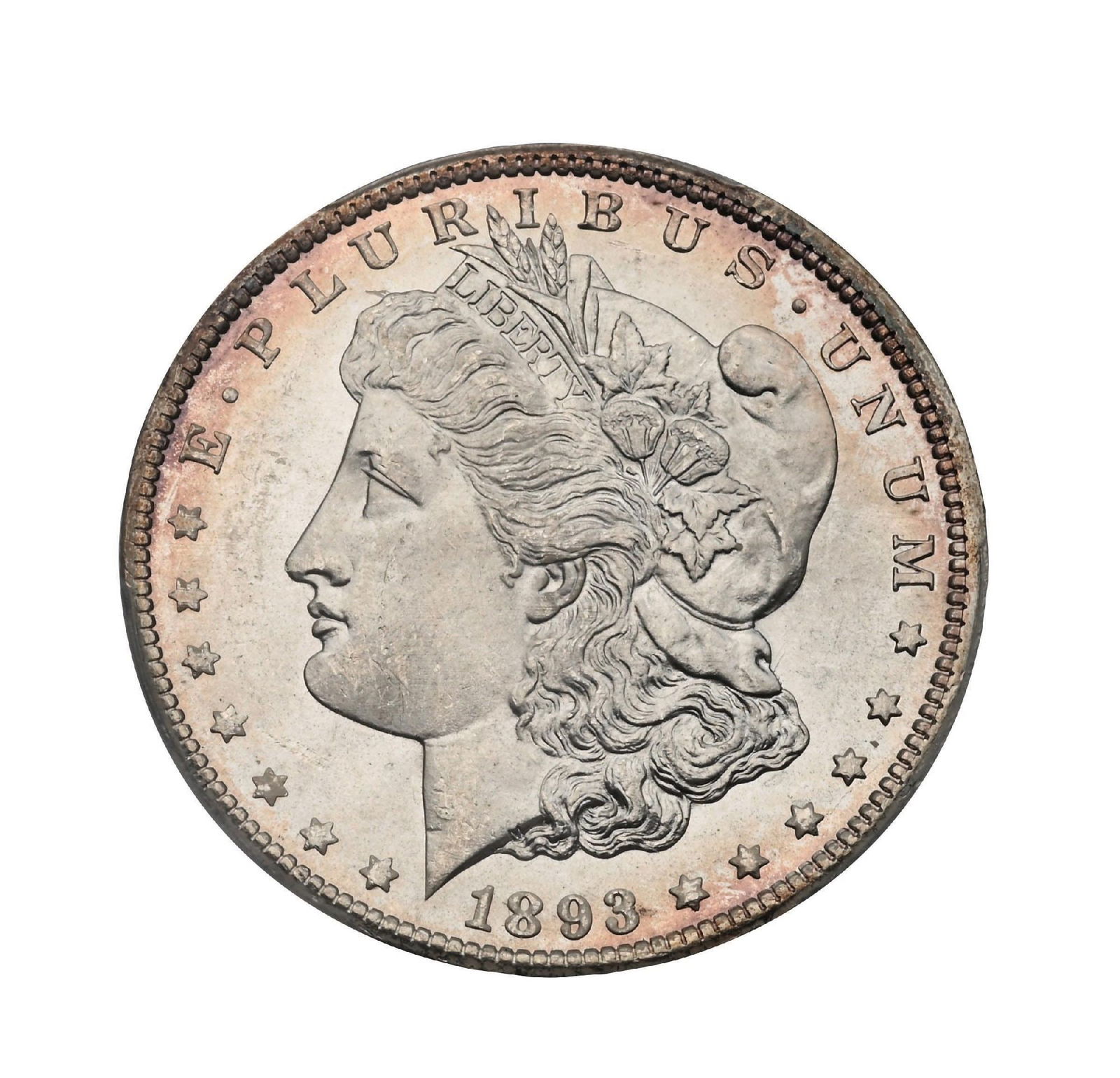 1893-CC $1 MS64 PCGS. CAC.: The coin exhibits a beautiful, well-executed strike, with Miss Liberty showing crisp, flowing hair detail and only minimal contact marks, fully consistent with the assigned grade. The reverse mirrors