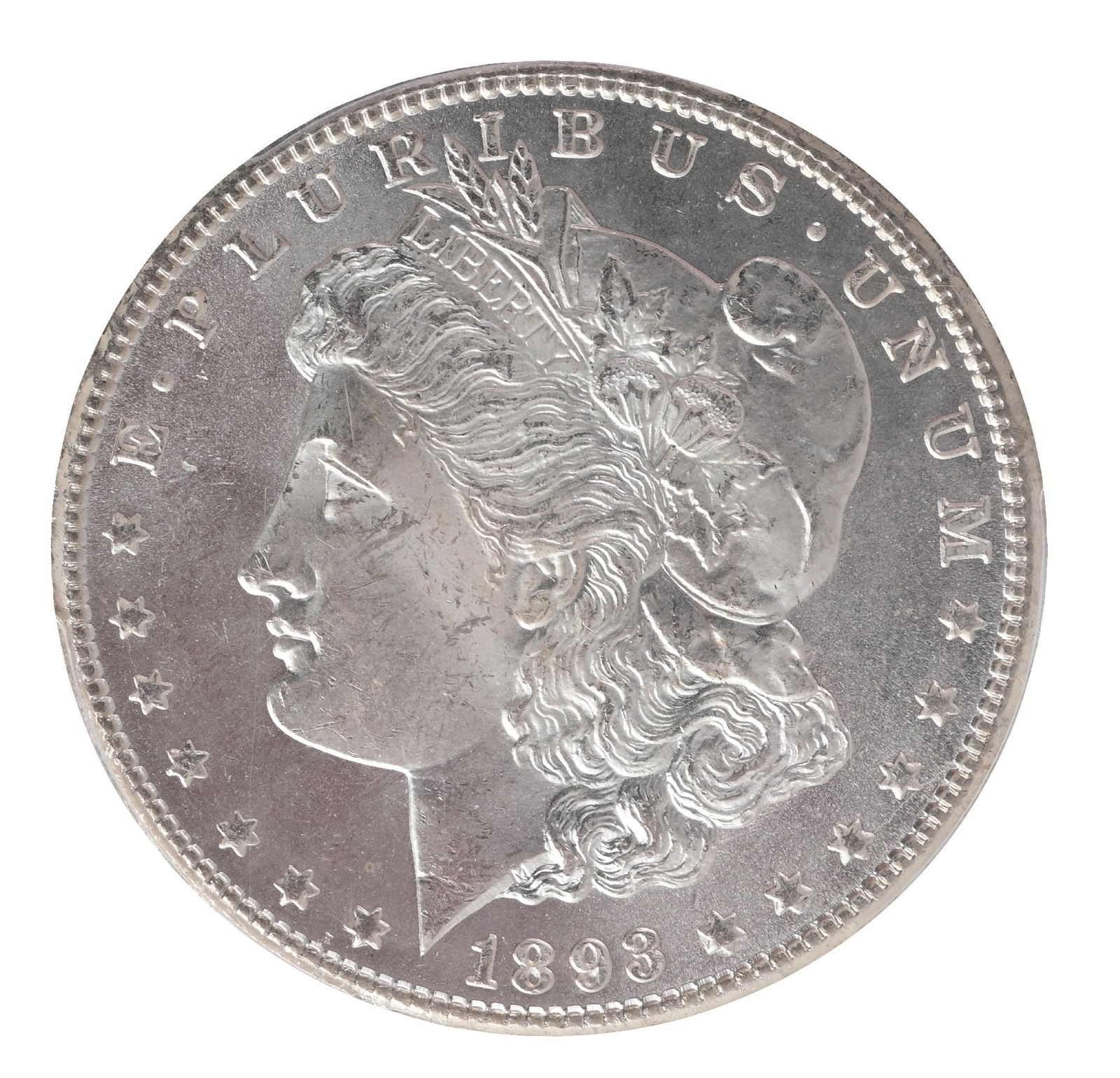 1893-CC $1 MS64 PCGS: A beautiful example of the final Carson City Mint issue. This 1893-CC displays a bright, original appearance with sharp detail throughout. Miss Liberty is well defined on the obverse, while the eagle