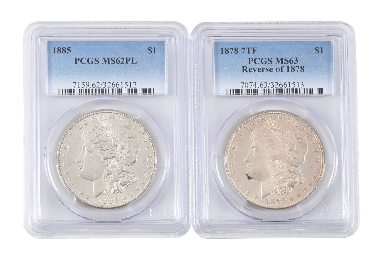 LOT OF 2: 1878 7TF $1 REV OF 1878 MS63 & 1885 $1 MS62PL PCGS: LOT OF 2: 1878 7TF $1 REV OF 1878 MS63 & 1885 $1 MS62PL PCGS