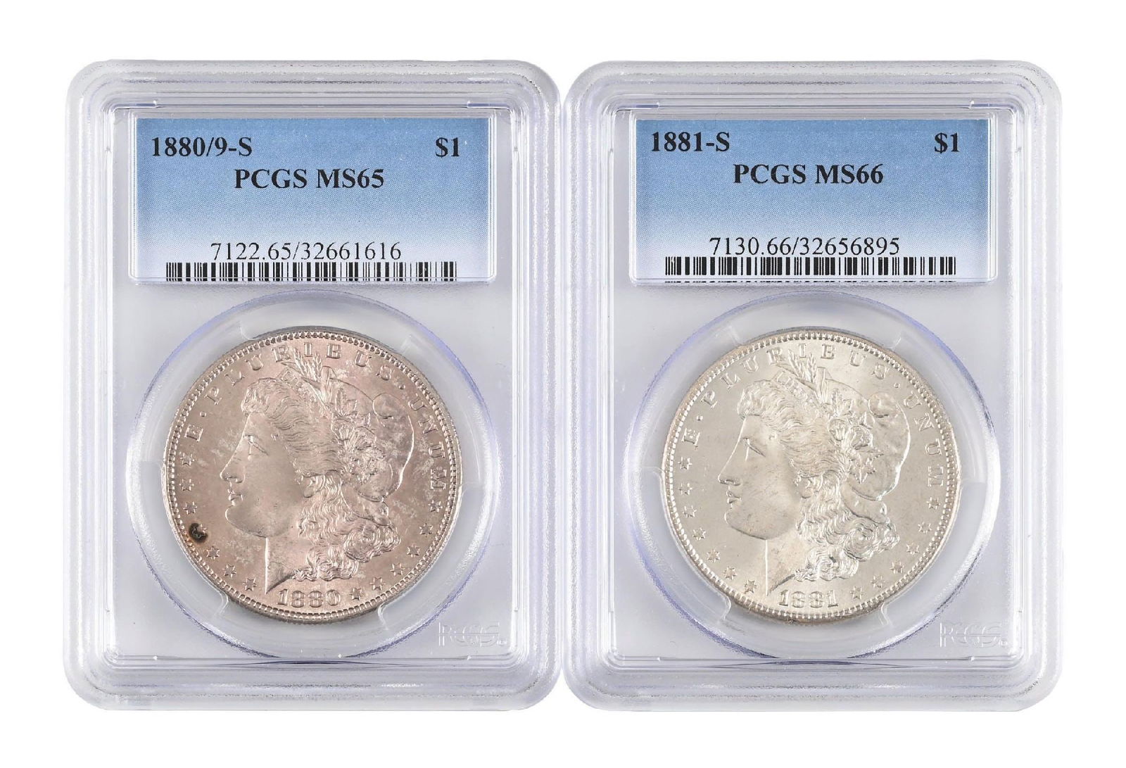 LOT OF 2: 1880/9-S $1 MS65 AND 1881-S $1 MS66 PCGS (1 of 6)