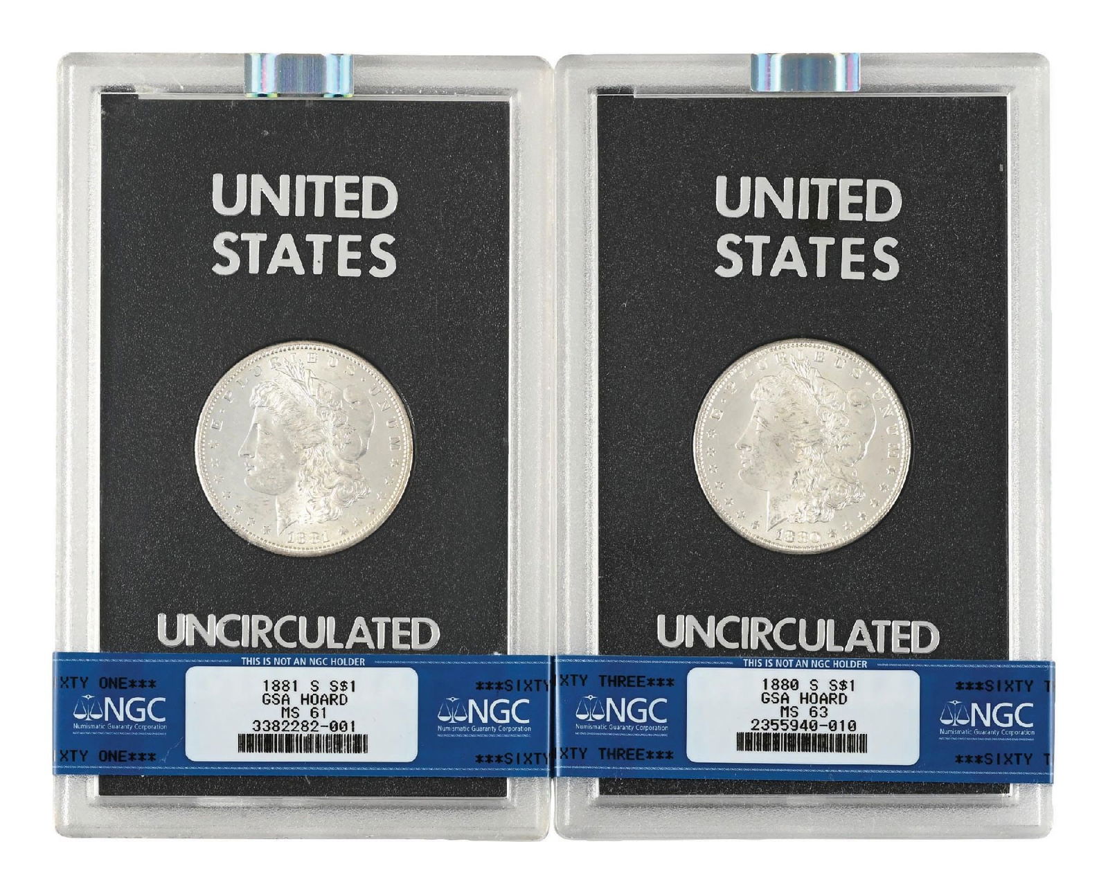 LOT OF 2: 1880-S $1 MS63 GSA NGC & 1881-S $1 MS61 GSA NGC: LOT OF 2: 1880-S $1 MS63 GSA NGC & 1881-S $1 MS61 GSA NGC