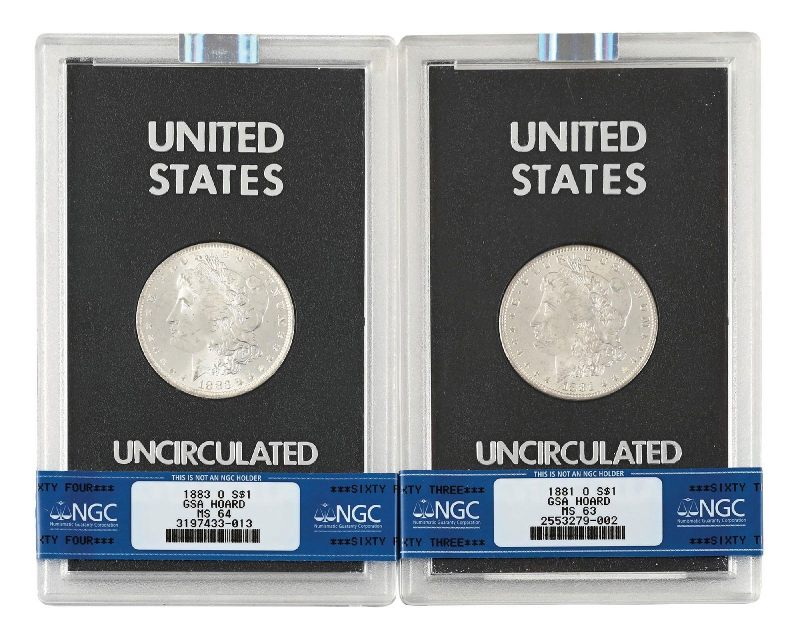 LOT OF 2: 1881-O $1 GSA MS63 NGC & 1883-O $1 GSA MS64 NGC: LOT OF 2: 1881-O $1 GSA MS63 NGC & 1883-O $1 GSA MS64 NGC