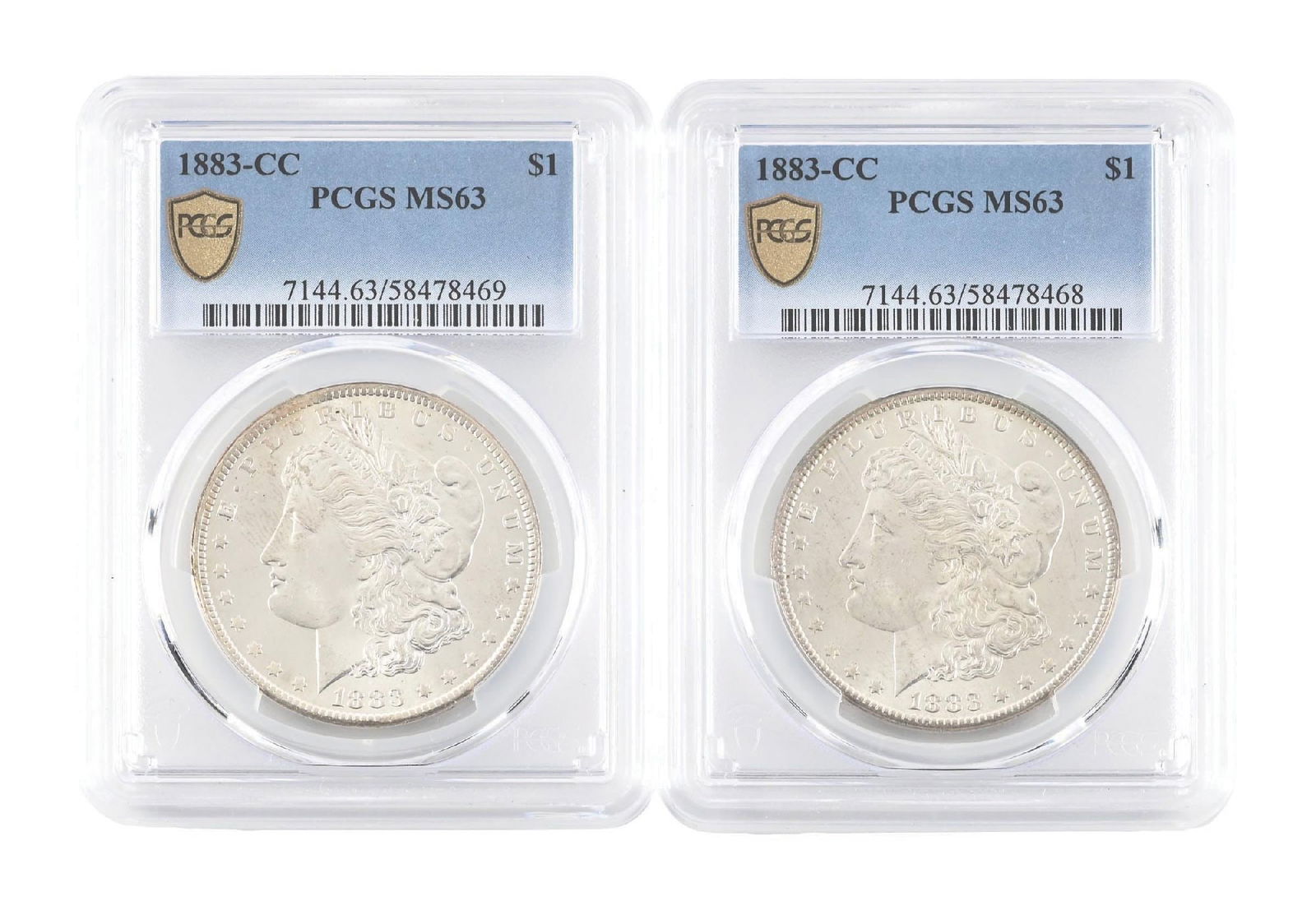 LOT OF 2: 1883-CC $1 MS63 PCGS (1 of 6)