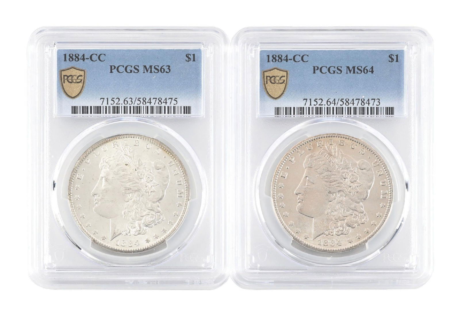 LOT OF 2: 1884-CC $1 MS63 & MS64 PCGS (1 of 6)