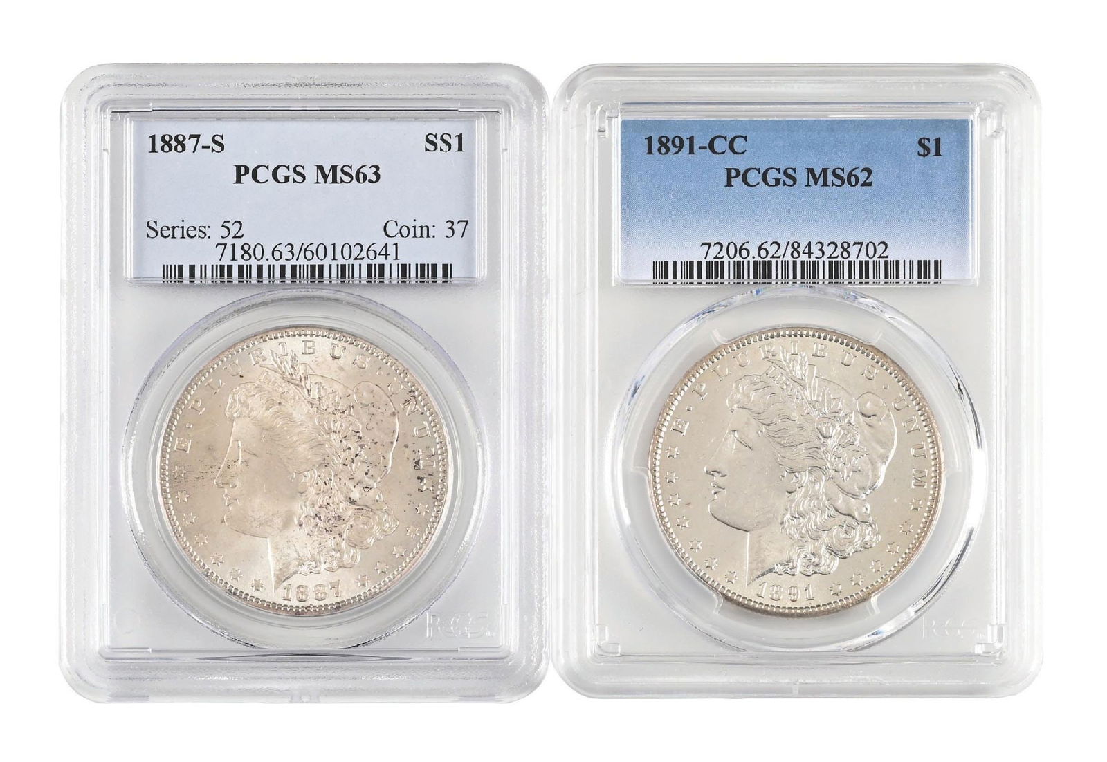 LOT OF 2: 1887-S $1 MS63 PCGS & 1891-CC $1 MS62 PCGS (1 of 6)
