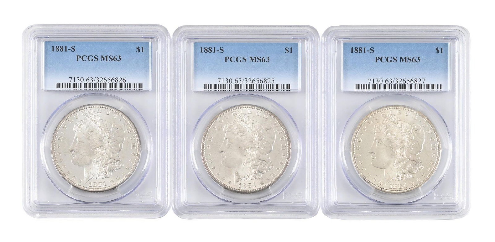 LOT OF 3: 1881-S $1 MS63 PCGS: LOT OF 3: 1881-S $1 MS63 PCGS