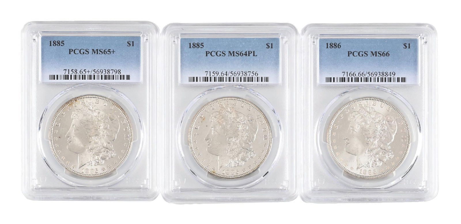 LOT OF 3: 1885 $1 MS64PL, 1885 $1 MS65+ & 1886 $1 MS66 PCGS: LOT OF 3: 1885 $1 MS64PL, 1885 $1 MS65+ & 1886 $1 MS66 PCGS