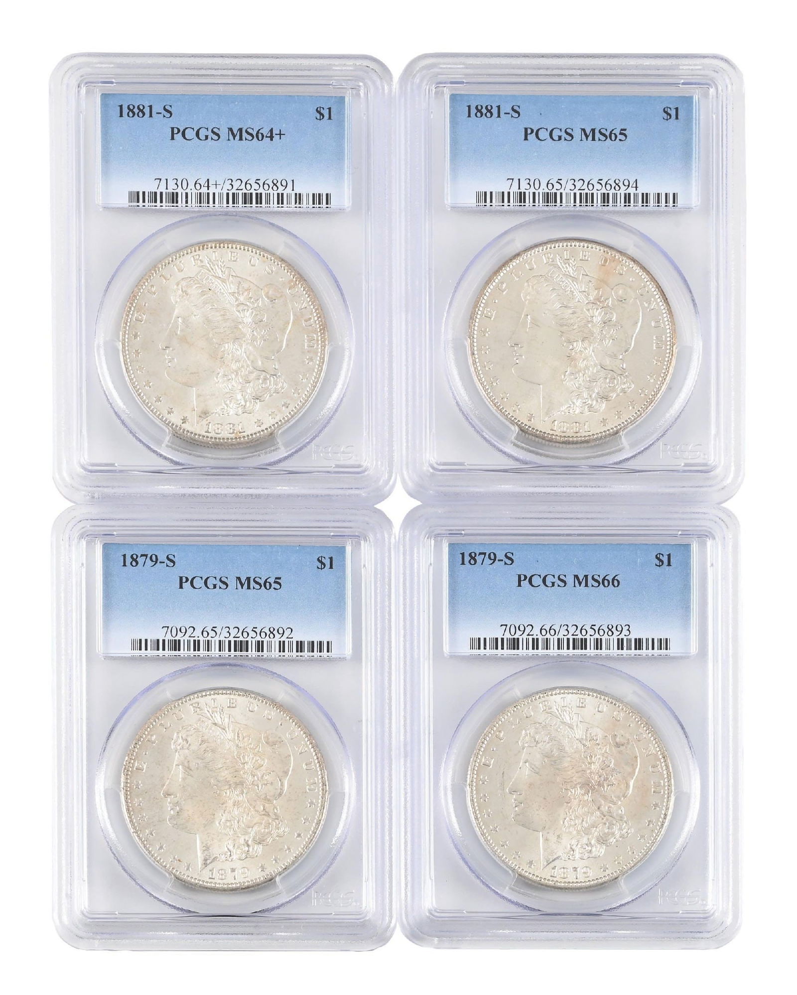 LOT OF 4: 1879-S $1 MS65 PCGS, MS66 PCGS, 1881-S $1 MS64+ PCGS, MS65: LOT OF 4: 1879-S $1 MS65 PCGS, MS66 PCGS, 1881-S $1 MS64+ PCGS, MS65