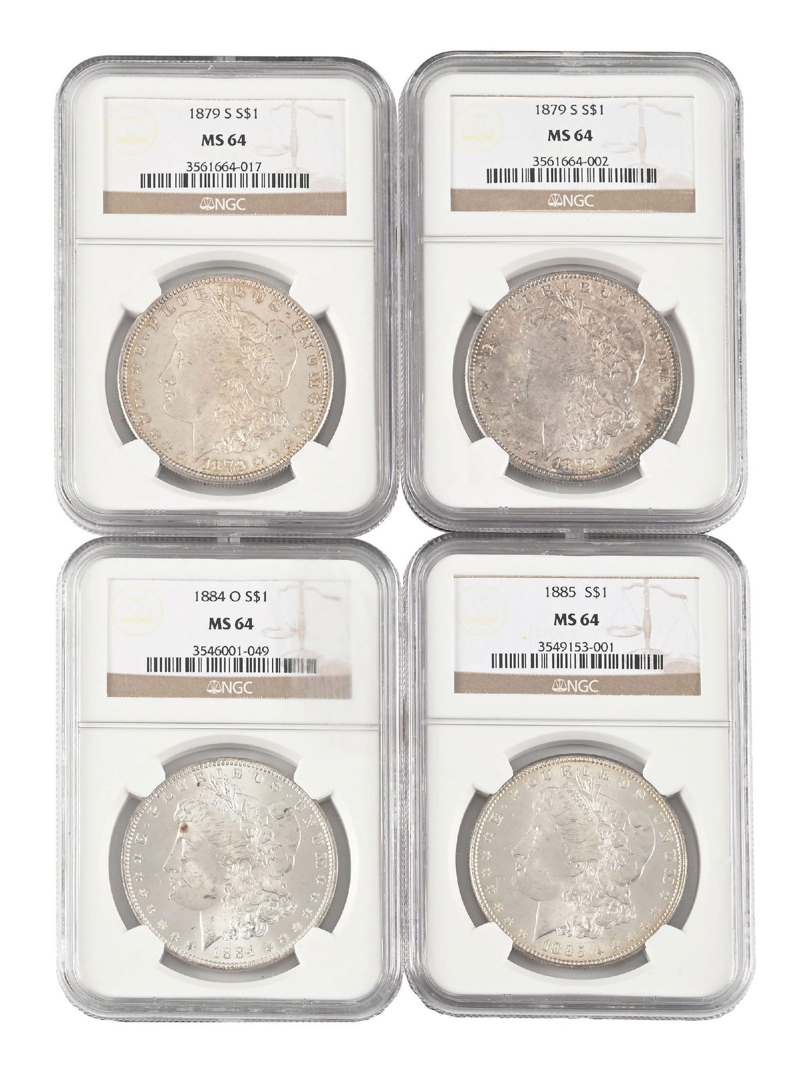 LOT OF 4: 2 1879-S $1, 1884-O $1 AND 1885 $1 MS64 NGC: LOT OF 4: 2 1879-S $1, 1884-O $1 AND 1885 $1 MS64 NGC