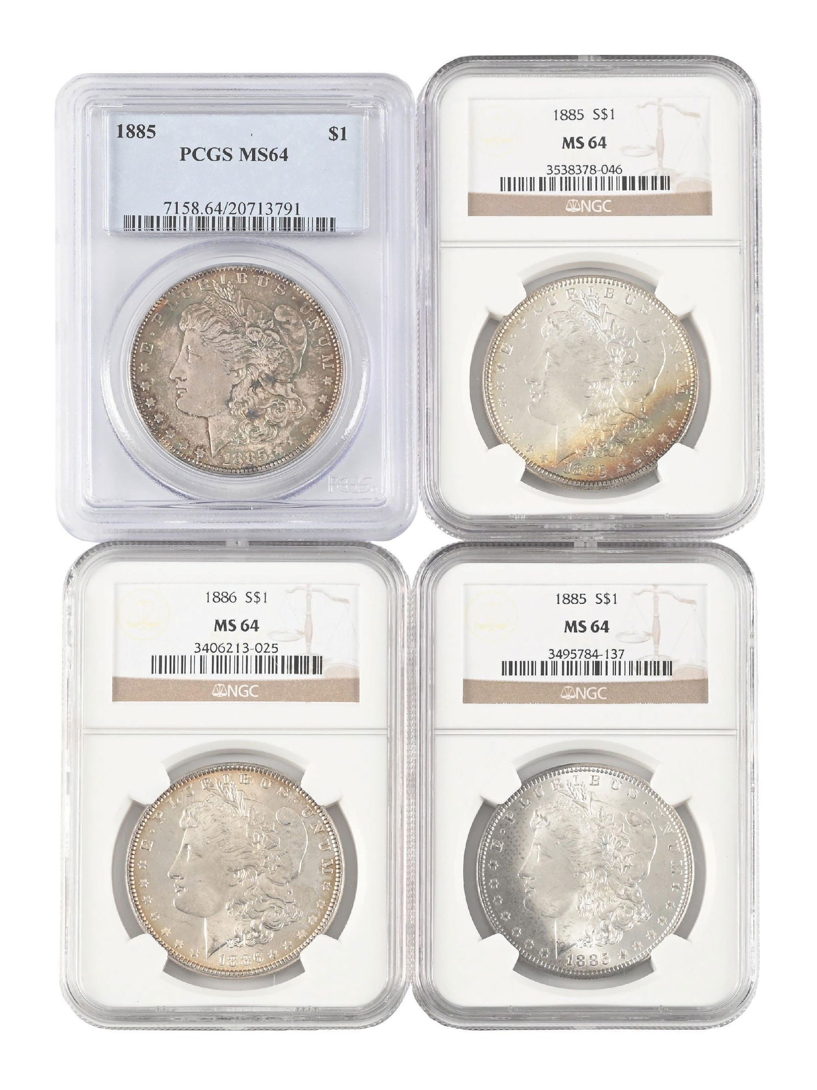 LOT OF 4: 1885-1886 $1 MS-64 NGC: LOT OF 4: 1885-1886 $1 MS-64 NGC