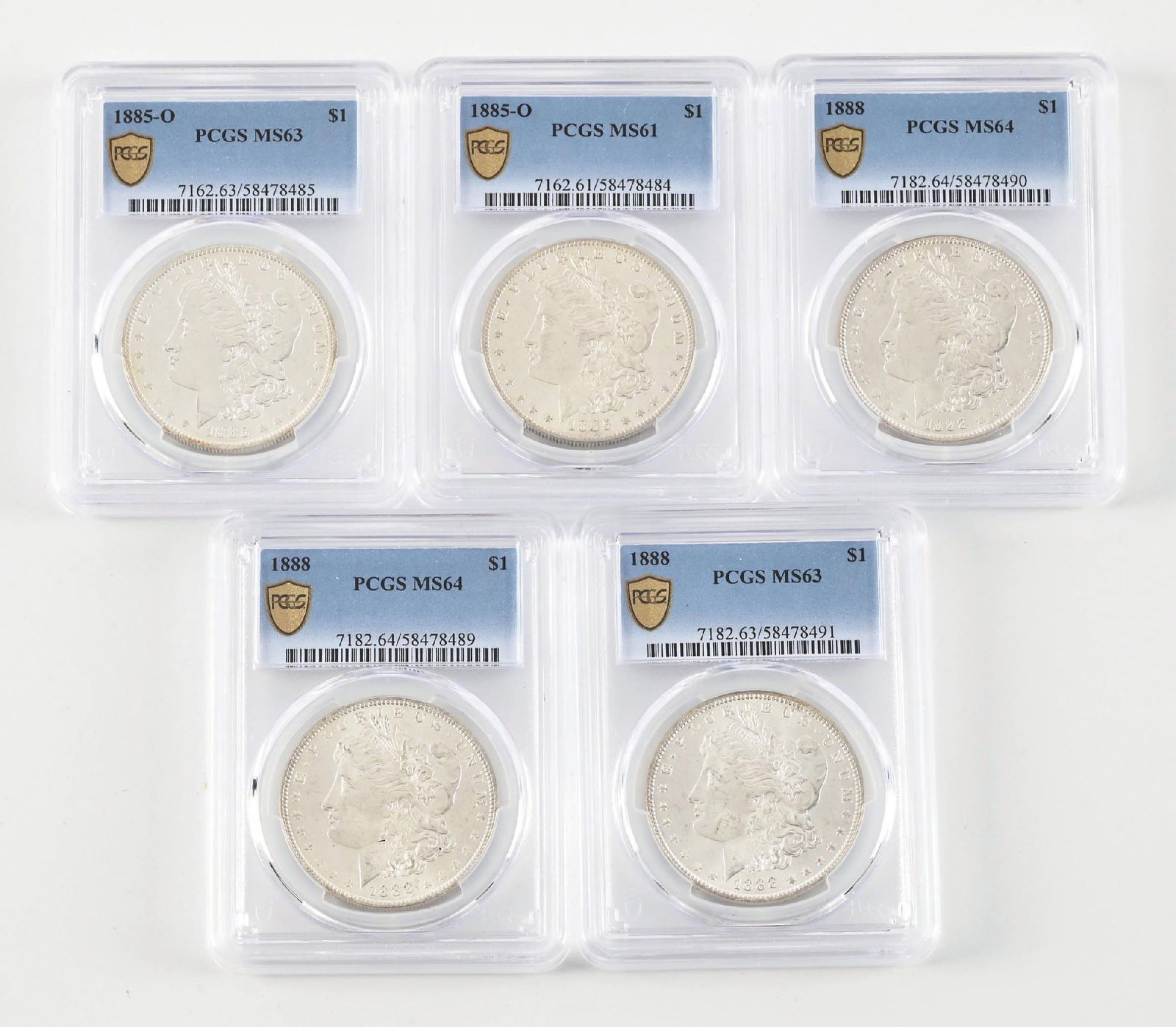 LOT OF 5: 1885-O $1 AND 1888 $1 MS61/MS63/MS64 PCGS (1 of 2)