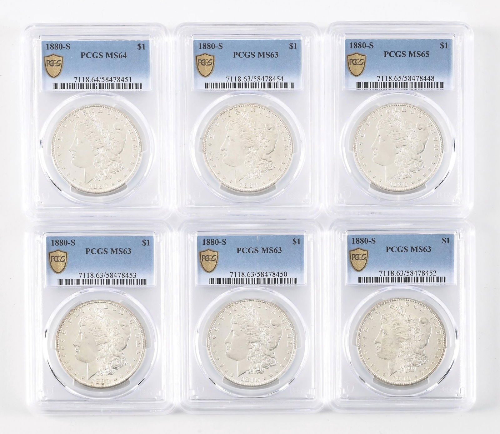 LOT OF 6: 1880-S $1 MS63, 64 AND 65 PCGS (1 of 2)
