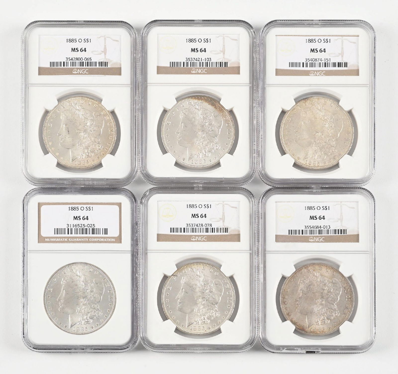LOT OF 6: 1885-O $1 MS64 NGC: LOT OF 6: 1885-O $1 MS64 NGC