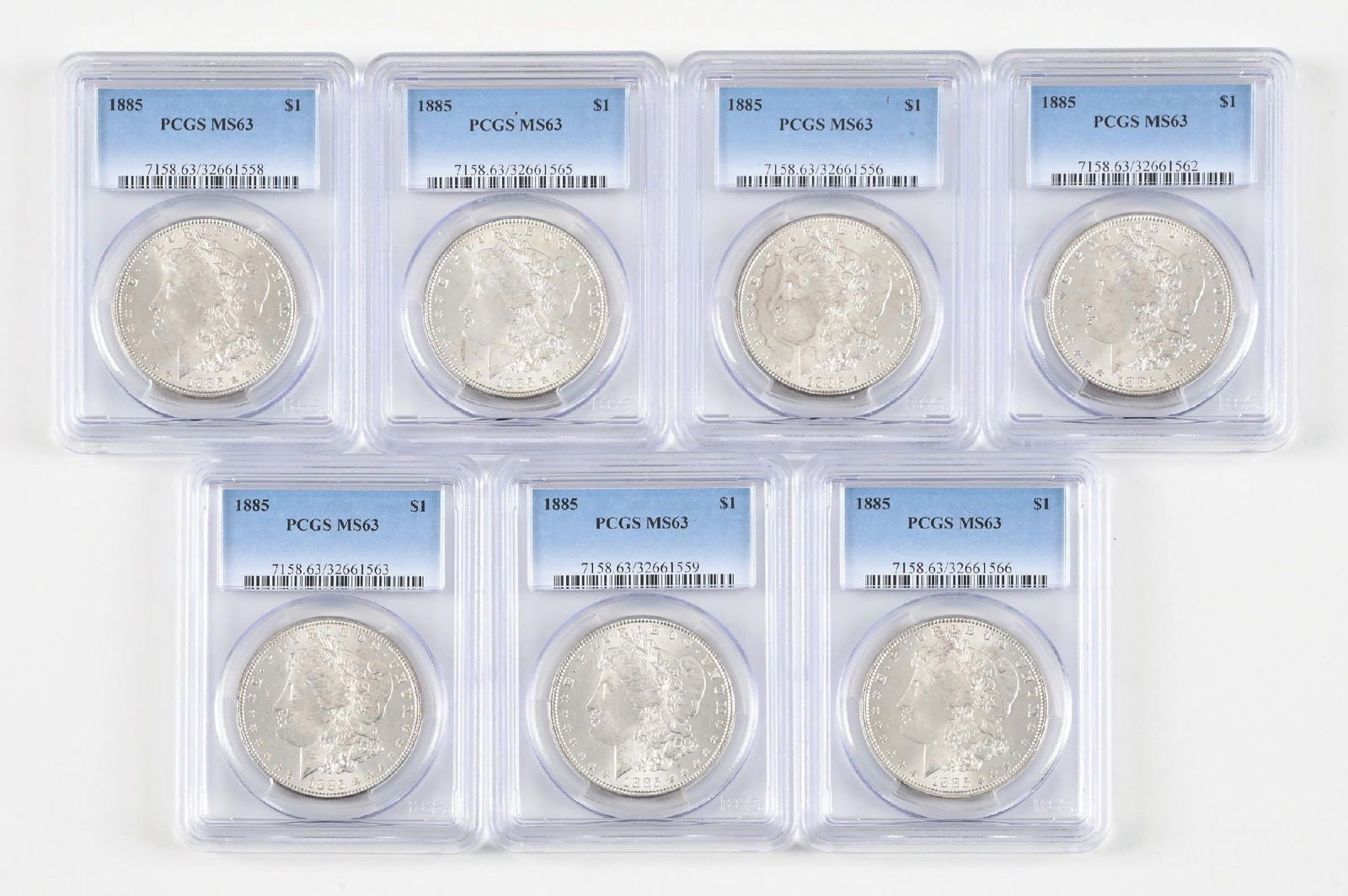 LOT OF 7: 1885 $1 MS63 PCGS: LOT OF 7: 1885 $1 MS63 PCGS