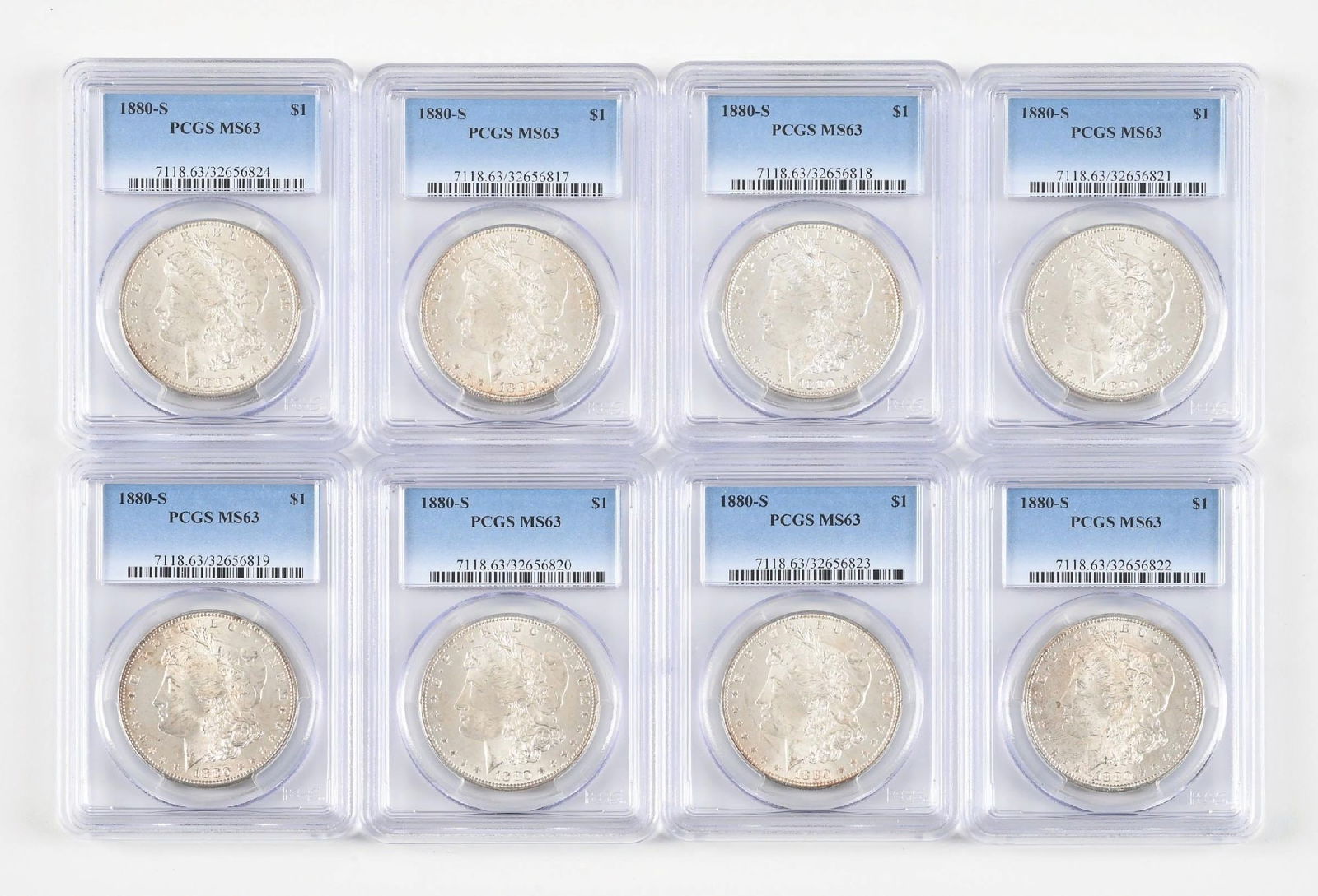 LOT OF 8: 1880-S $1 MS63 PCGS: LOT OF 8: 1880-S $1 MS63 PCGS