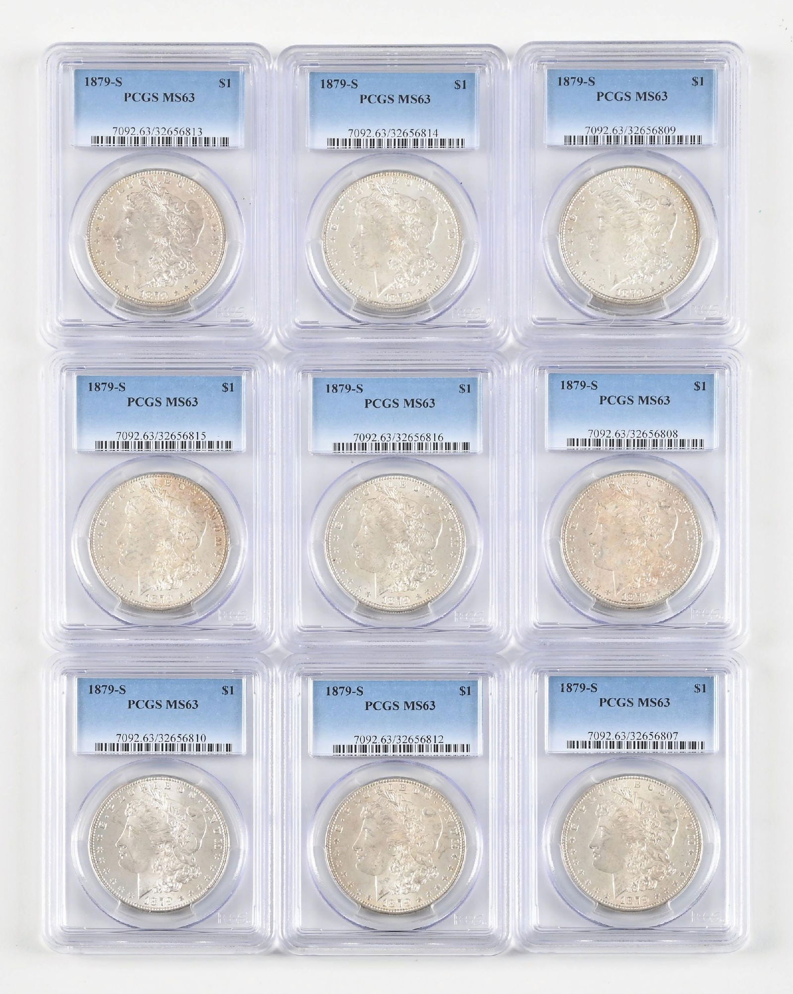 LOT OF 9: 1879-S $1 MS63 PCGS: 9 1879-S Morgans all in PCGS MS63.