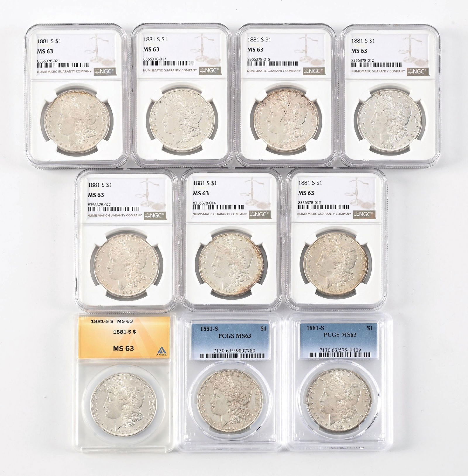 LOT OF 10: 1881-S $1 MS63 PCGS & NGC: LOT OF 10: 1881-S $1 MS63 PCGS & NGC