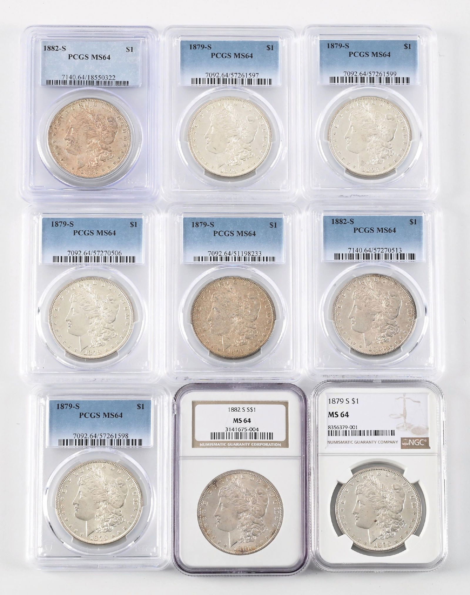 LOT OF 9: 1882-1879-S $1 MS64 PCGS & NGC: Includes 6 1879-S and 3 1882-S.