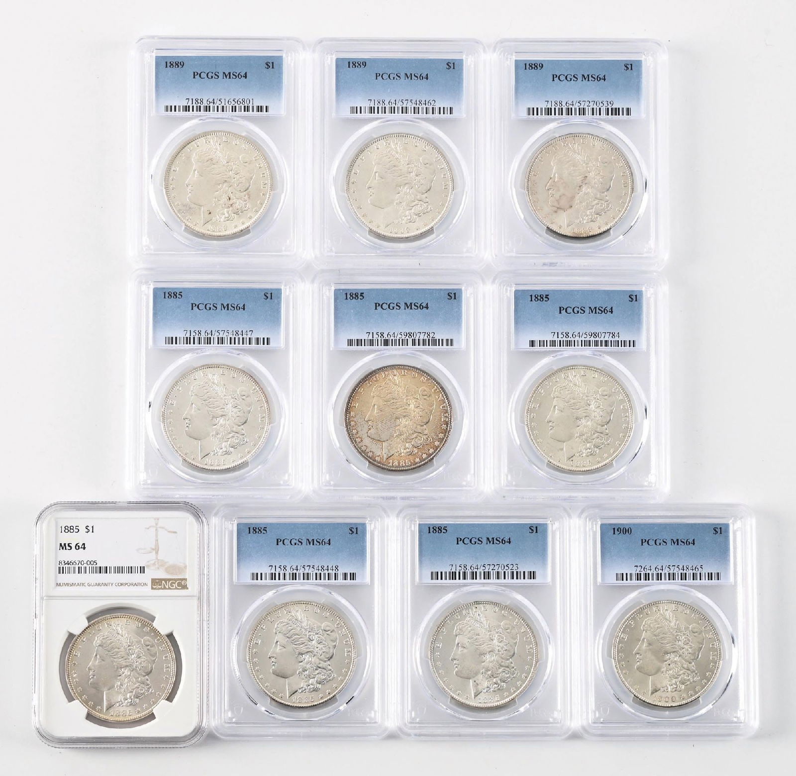 LOT OF 10: $1 MIXED YEARS PCGS MS64 PCGS: Includes 6 1885, 3 1889 and 1 1900.
