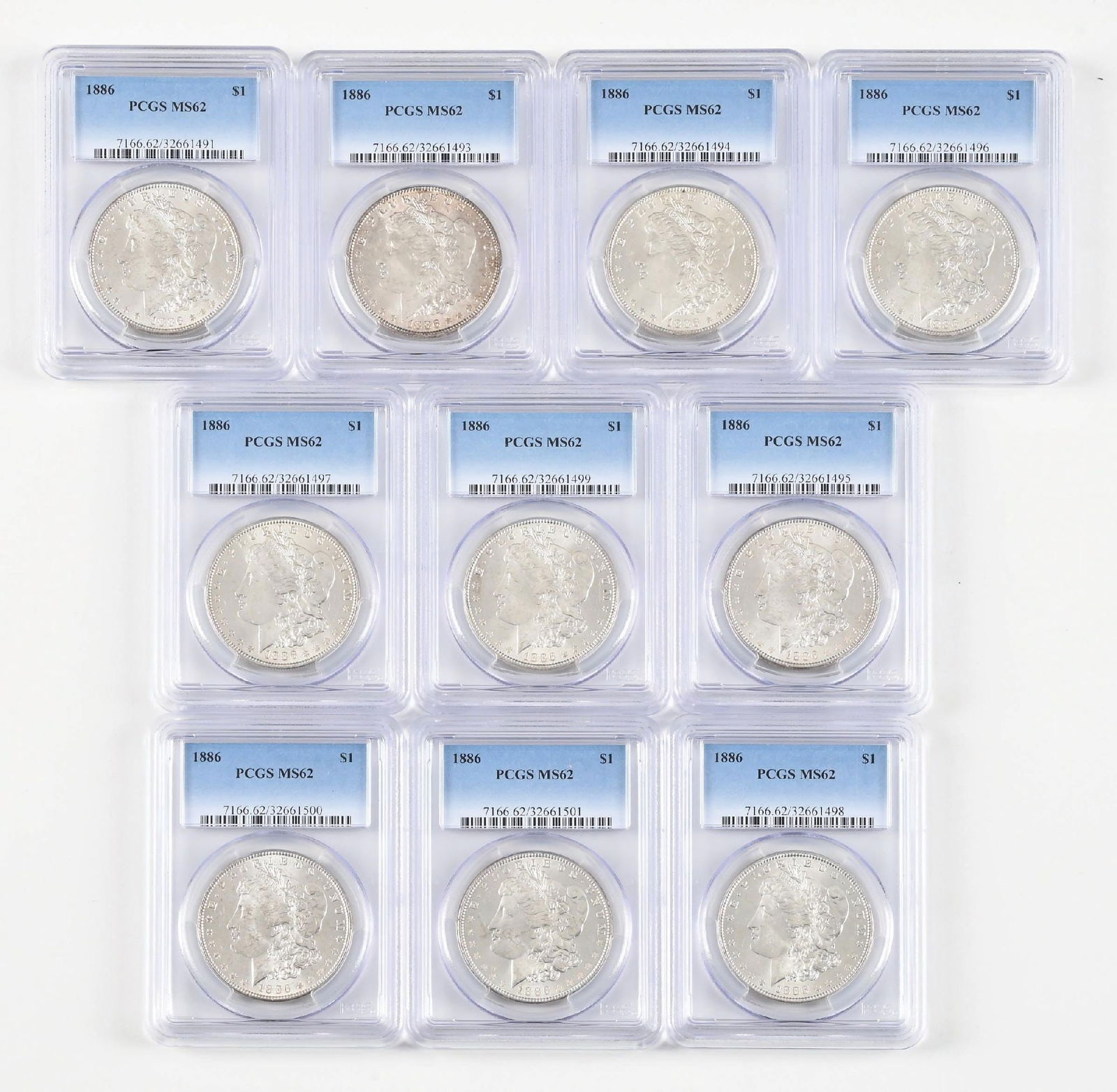 LOT OF 10: 1886 $1 MS62 PCGS: LOT OF 10: 1886 $1 MS62 PCGS