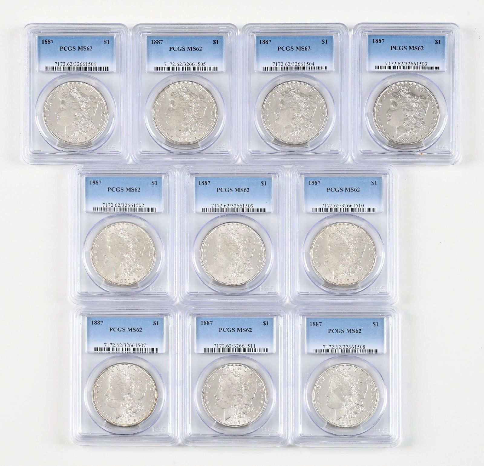 LOT OF 10: 1887 $1 MS62 PCGS: LOT OF 10: 1887 $1 MS62 PCGS