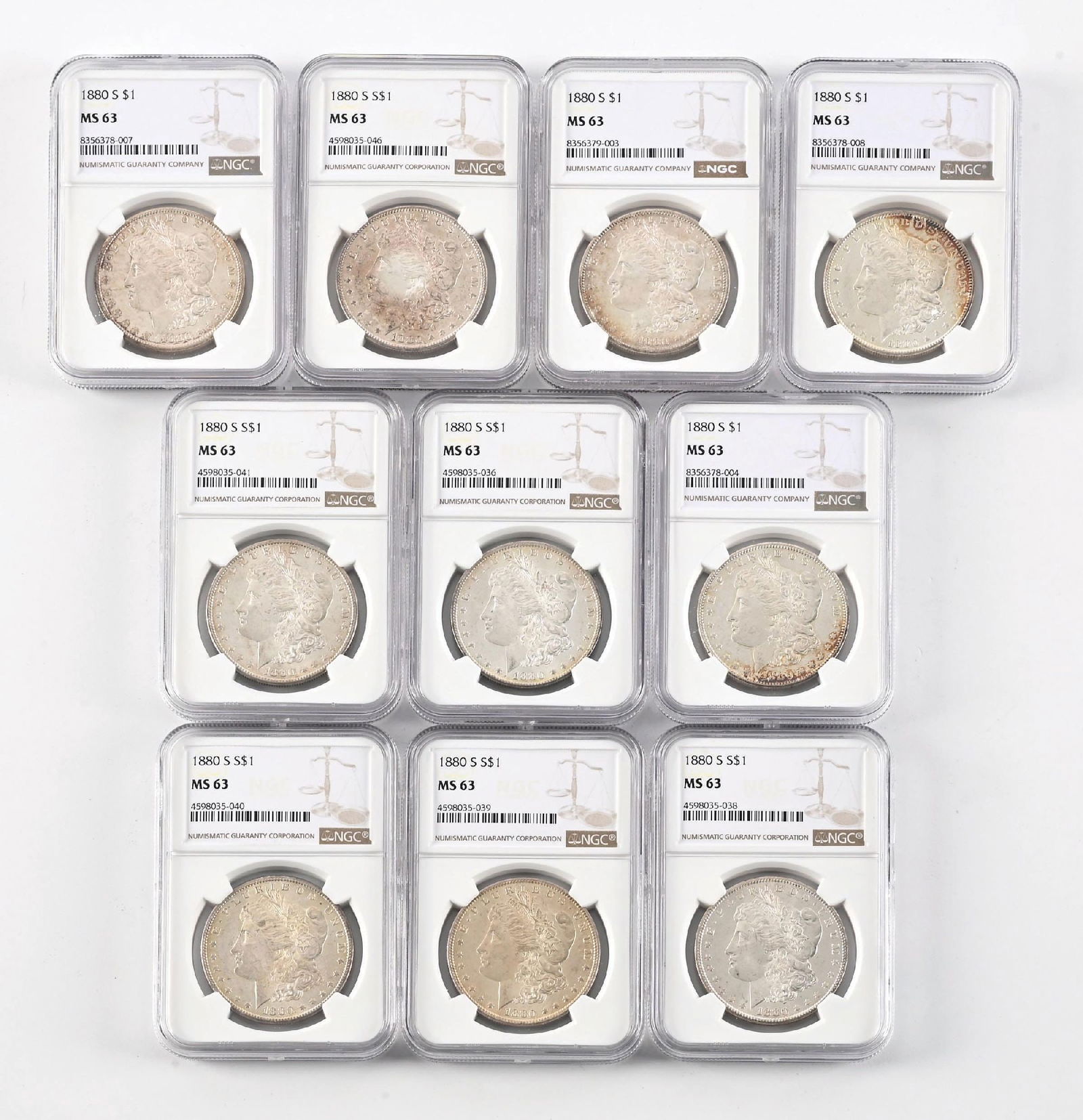 LOT OF 10: 1880-S $1 MS63 PCGS: Includes 2 1899-O and 8 1904-O in MS63 PCGS,