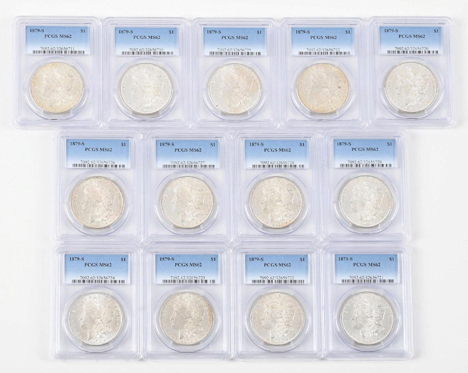 LOT OF 13: 1879-S $1 MS62 PCGS: LOT OF 13: 1879-S $1 MS62 PCGS