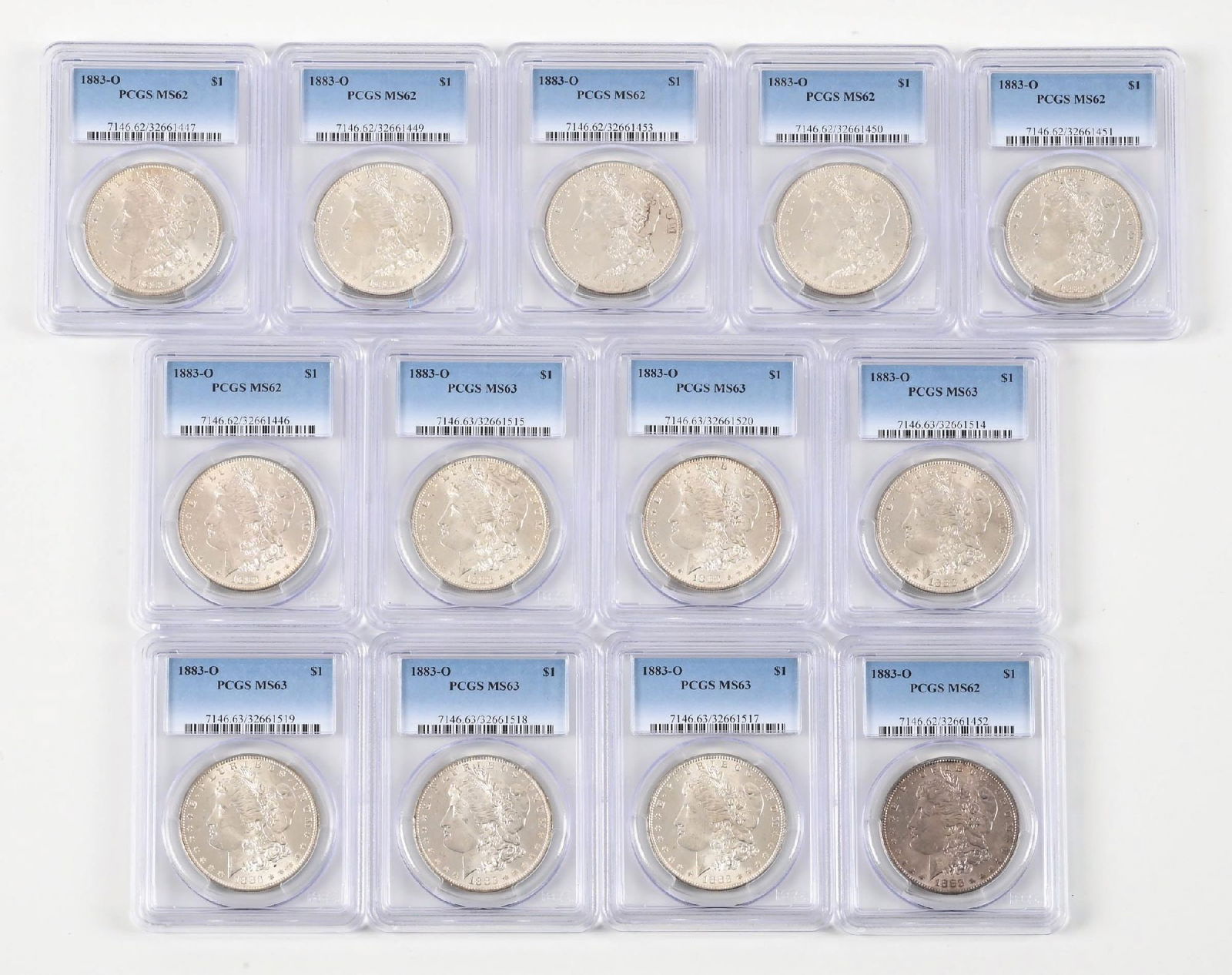 LOT OF 13:1883-O $1 MS62 & MS63 PCGS: LOT OF 13:1883-O $1 MS62 & MS63 PCGS