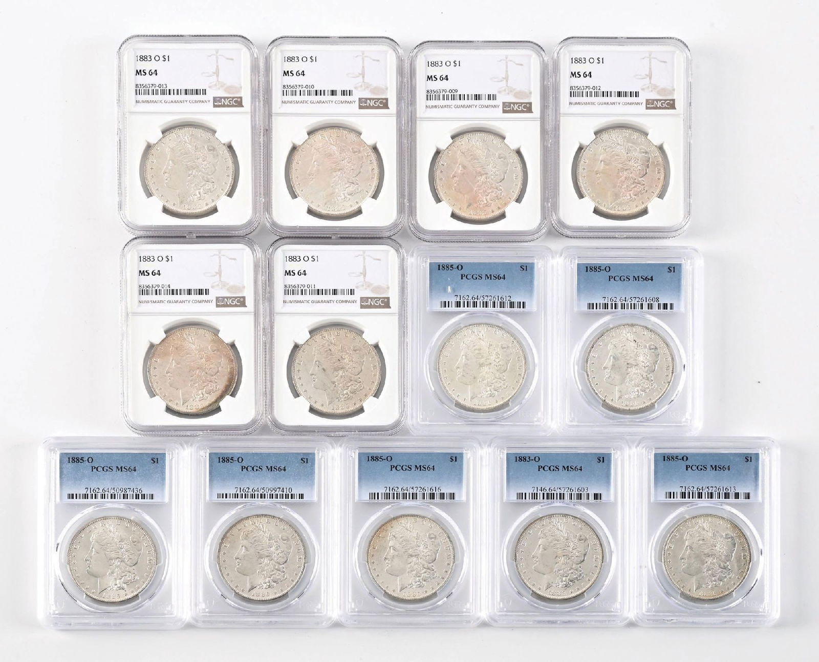 LOT OF 13: 1883-O $1 AND 1885-O $1 PCGS MS64 PCGS: Includes 7 1883-O and 6 1885-O in MS64 PCGS.