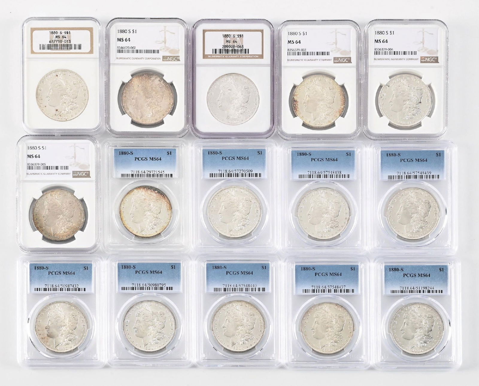 LOT OF 15: 1880-S $1 MS64 PCGS & NGC: LOT OF 15: 1880-S $1 MS64 PCGS & NGC