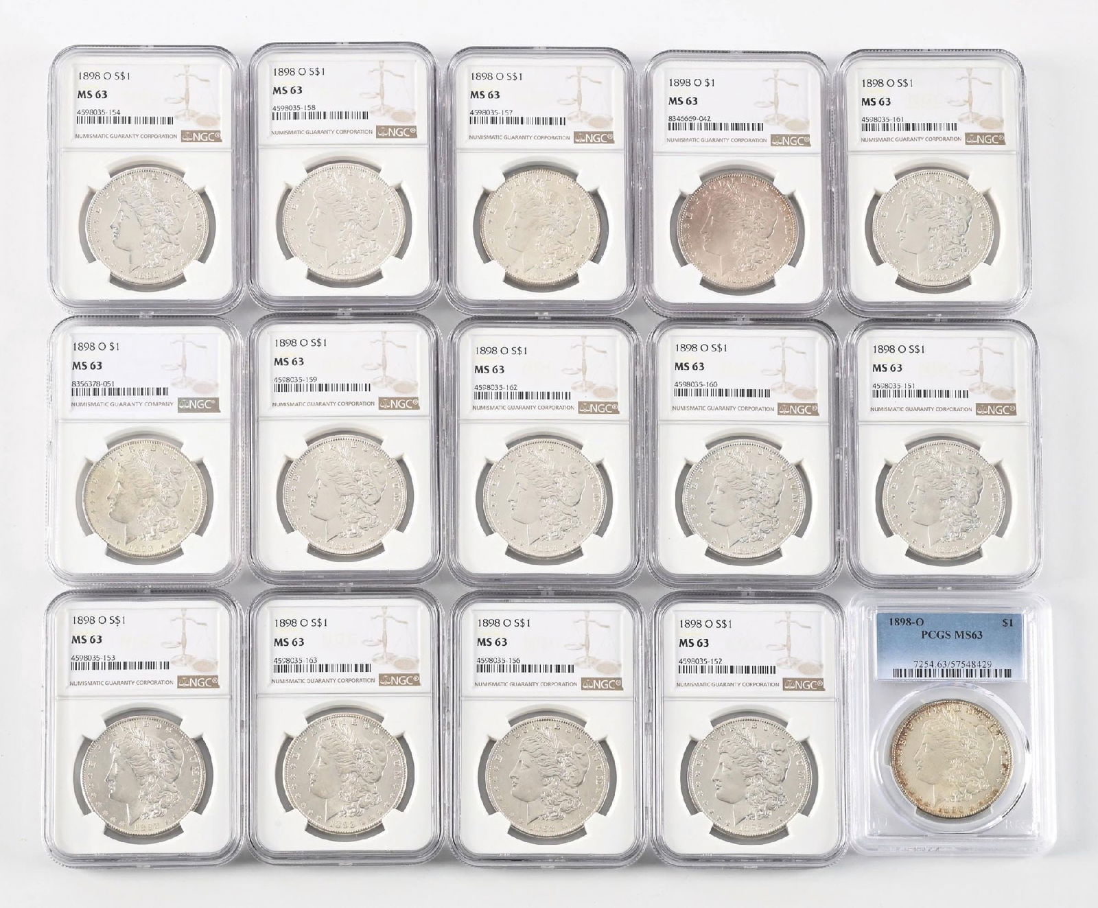LOT OF 15: 1898-O $1 MS63 PCGS: LOT OF 15: 1898-O $1 MS63 PCGS