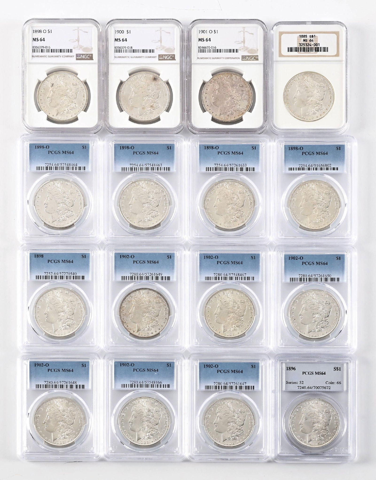LOT OF 16: MIXED YEARS $1 MS64 PCGS: Includes 1885, 1896, 1898,5 1898-O, 1900. 1901-O and 6 1902-O all in MS64 PCGS.