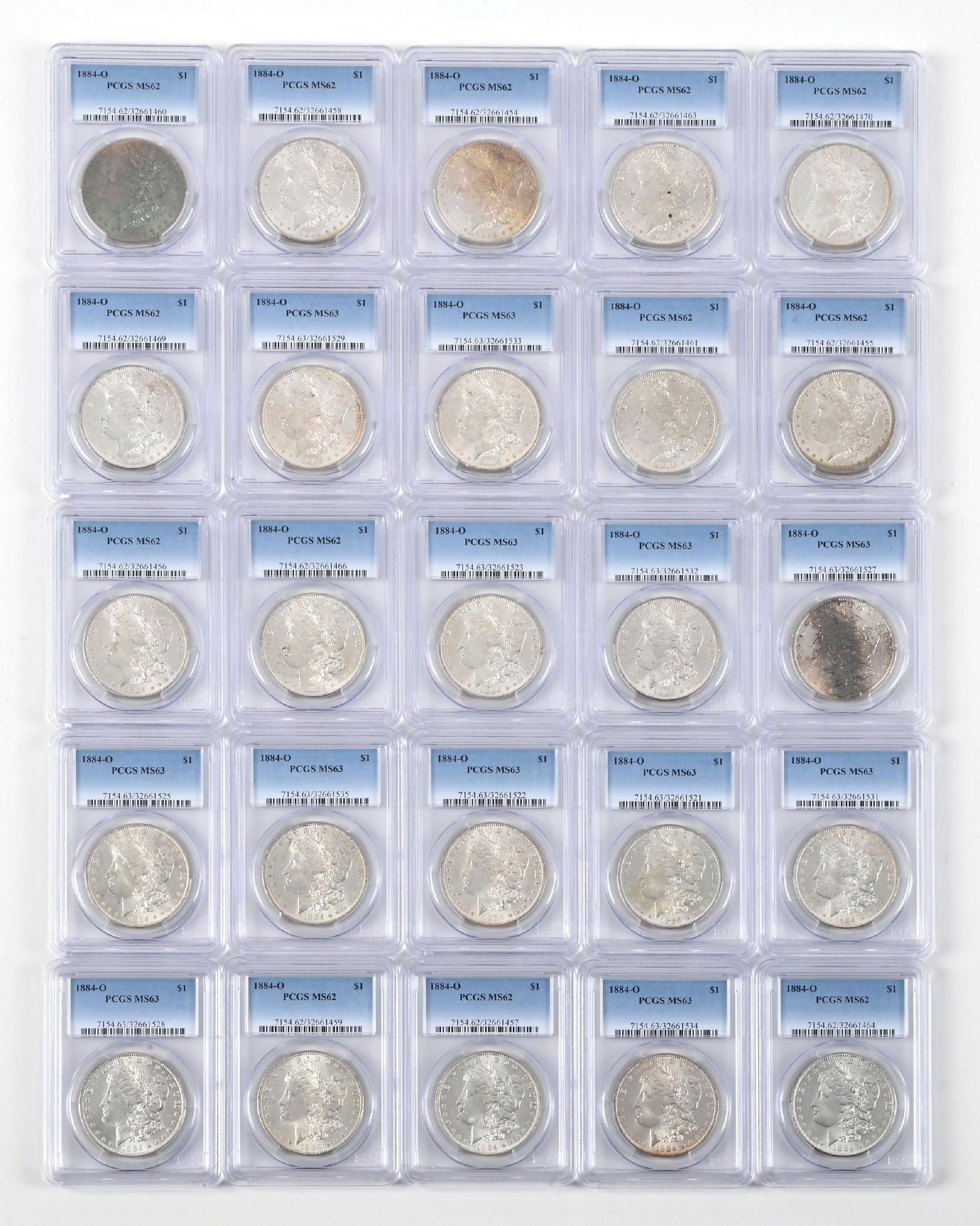 25 1884-O $1 MS62 & MS63 PCGS: 25 1884-O $1 MS62 & MS63 PCGS