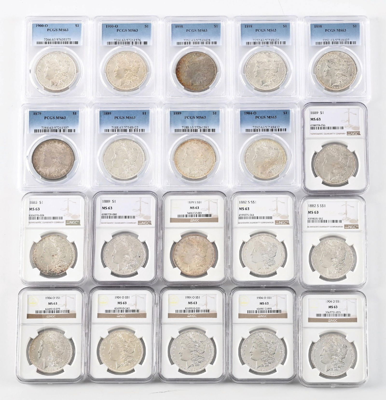 LOT OF 20: $1 MIXED YEARS MS63 PCGS: Lot includes 1879, 1879-S, 2 1882-S, 1883, 4 1889, 3 1898, 2 1900-O and 6 1904-O.
