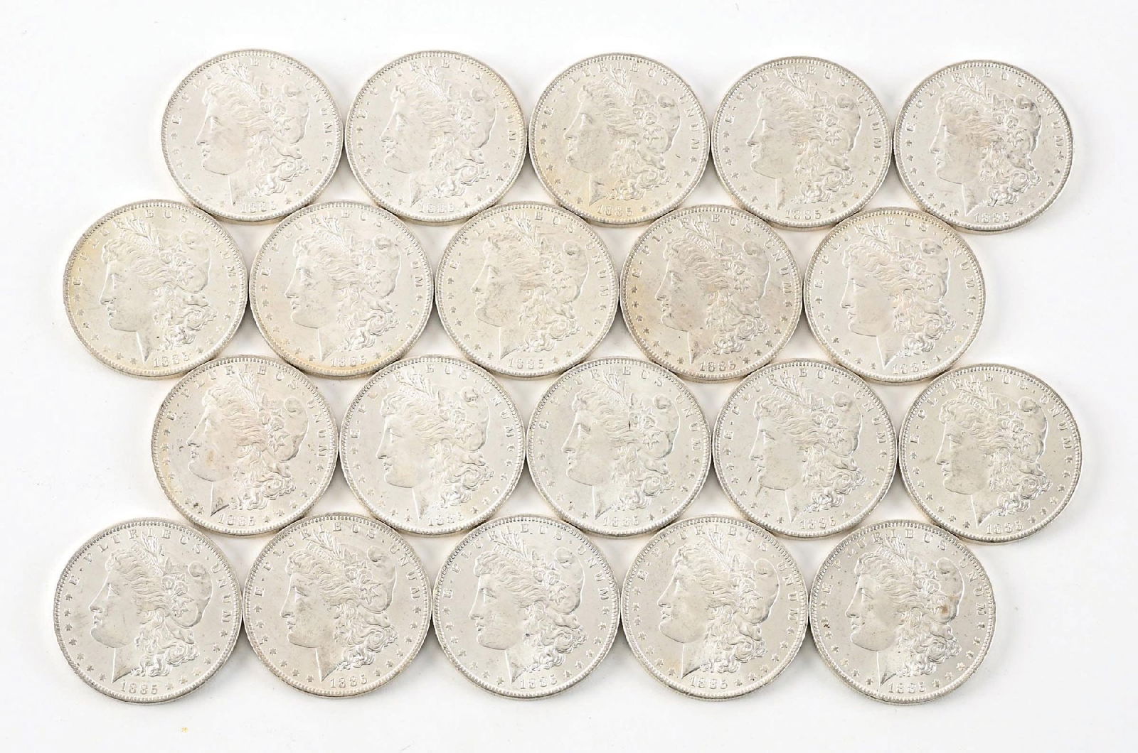 LOT OF 20 1885-O $1: Nice roll of 1885-O Morgan Dollars. All BU+.