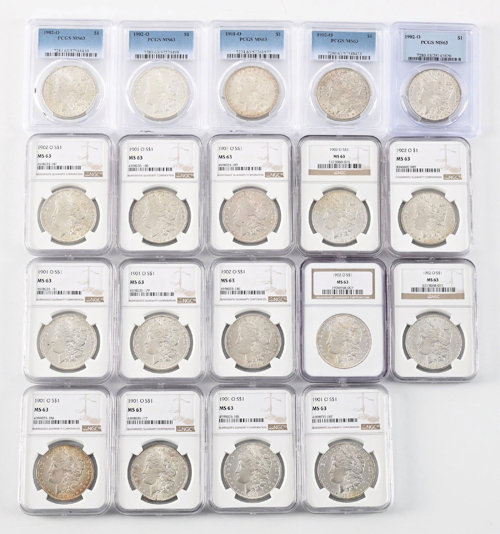 LOT OF 19: $1 1901 AND 1902-O MS63 PCGS: 10 1902-O and 9 1901-O all in MS63.