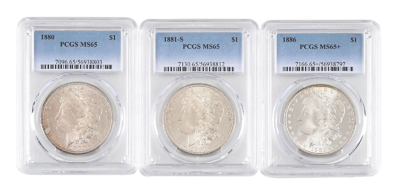 LOT OF 3: 1880 $1 MS65, 1881-S $1 MS65 & 1886 $1 MS65+ PCGS (1 of 2)
