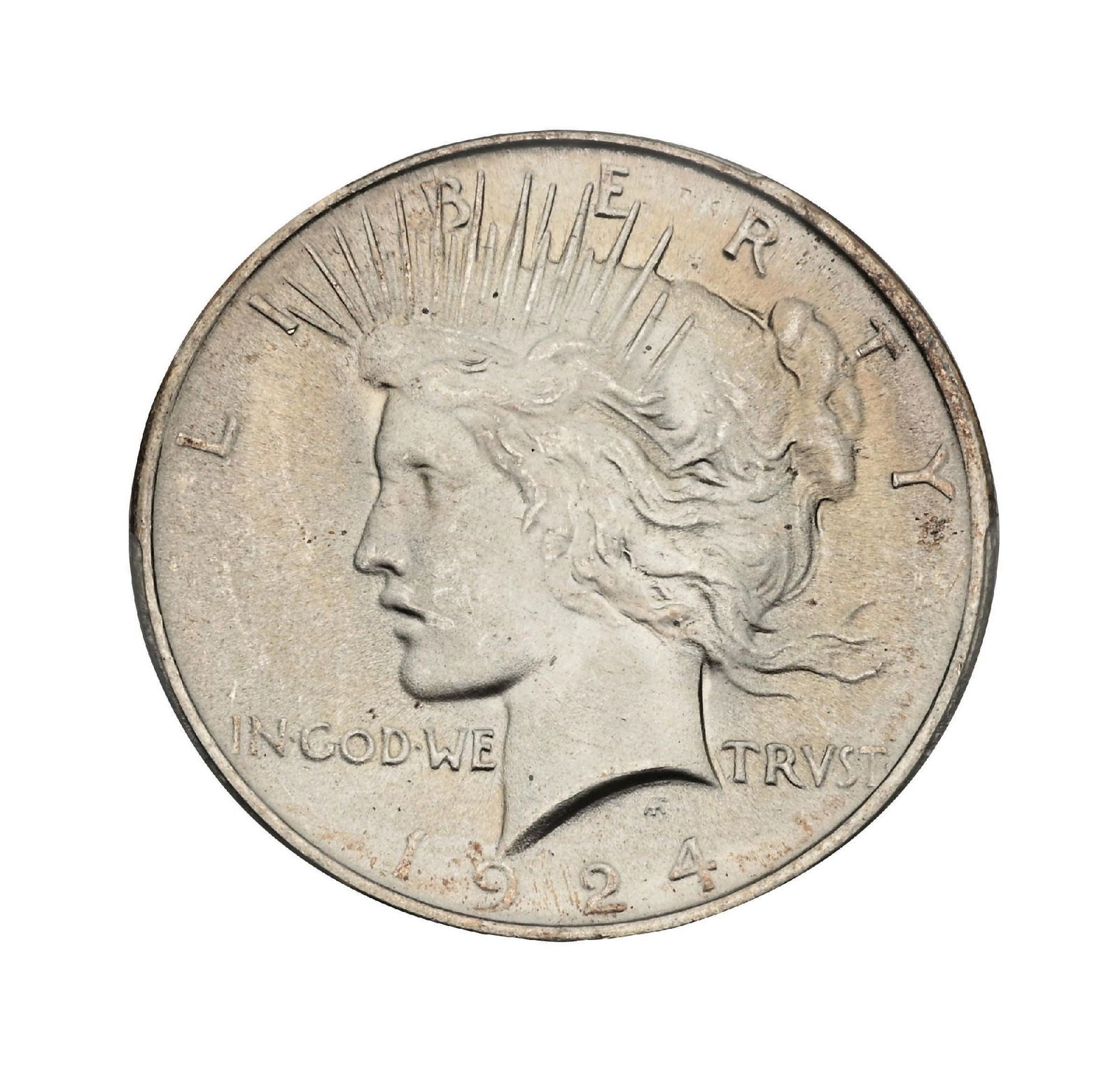 1924 $1 MS66+ PCGS. CAC.: A stunning 1924 Peace Dollar with brilliant blast-white surfaces and a radiant, rolling cartwheel that flashes boldly across both sides. The fields are clean and bright, giving the coin a crisp, high-