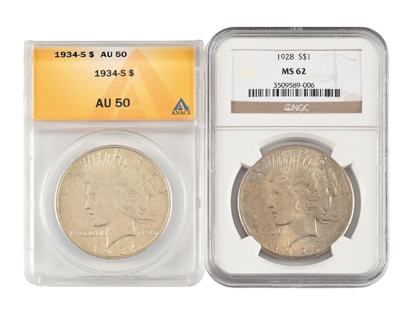 1928 NGC MS62 & 1934-S ANACS AU50 PEACE DOLLARS: 1928 NGC MS62 & 1934-S ANACS AU50 PEACE DOLLARS