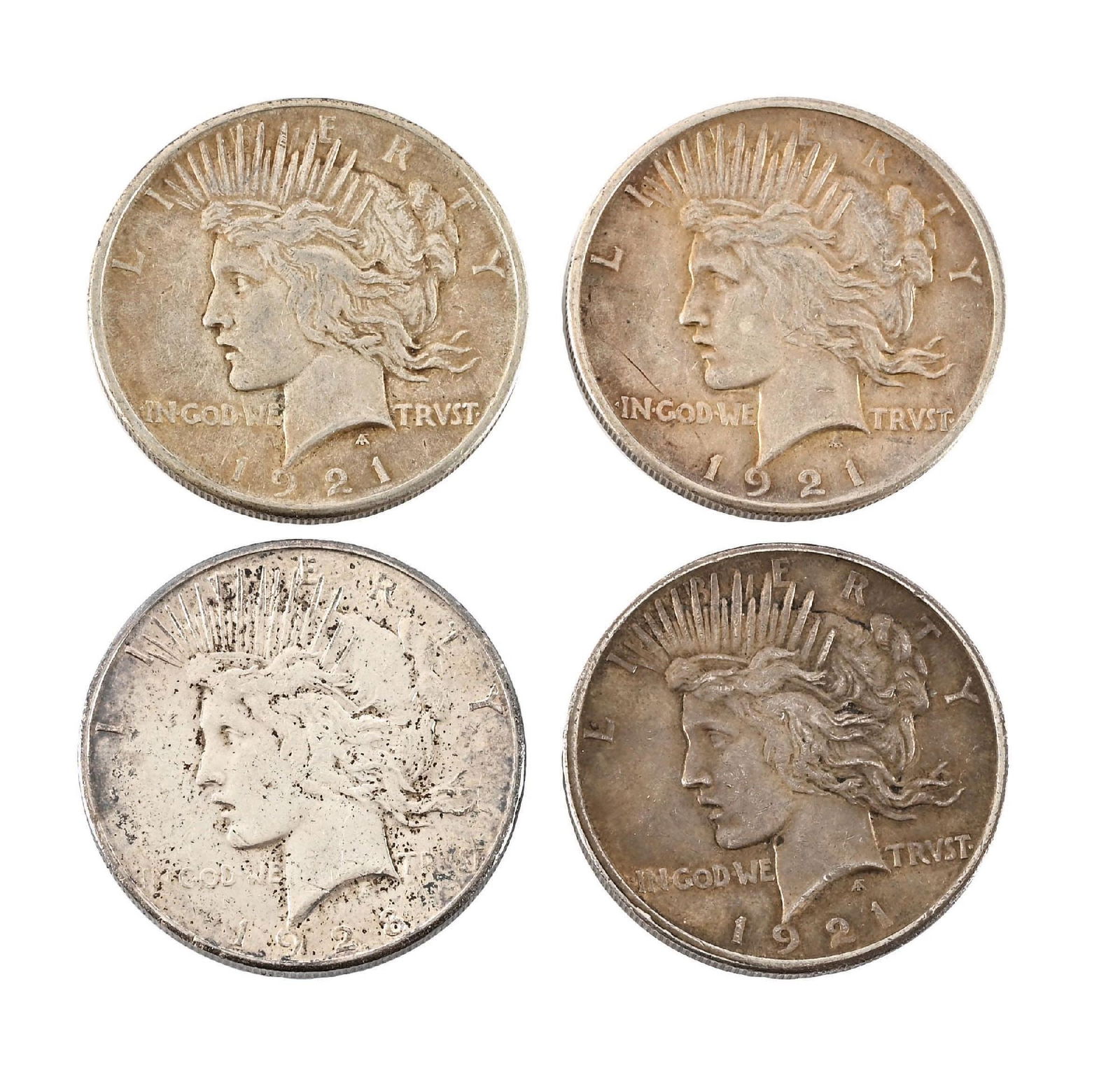 LOT OF 4: 1921 & 1928 US SILVER PEACE DOLLARS (1 of 2)